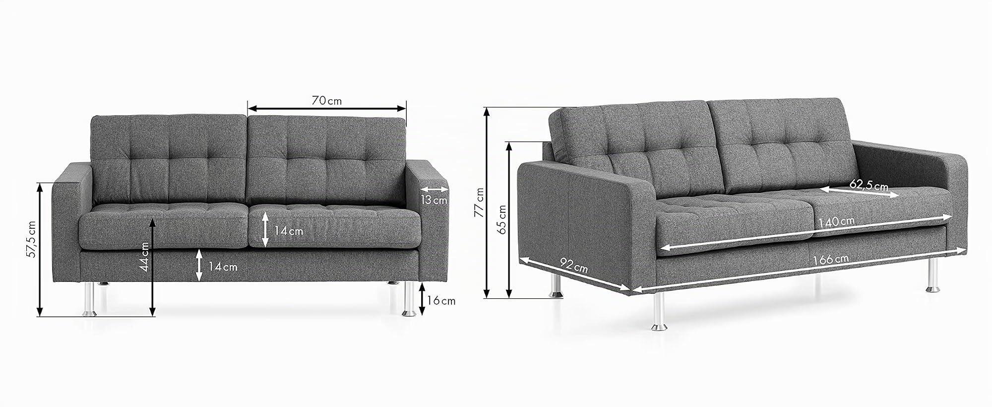 Traumnacht Sofa Laval, 2-Sitzer Couch mit Stoffbezug und Metallfüßen, produziert nach deutschem Qualitätsstandard, grau, 166 x 92 x 65 cm