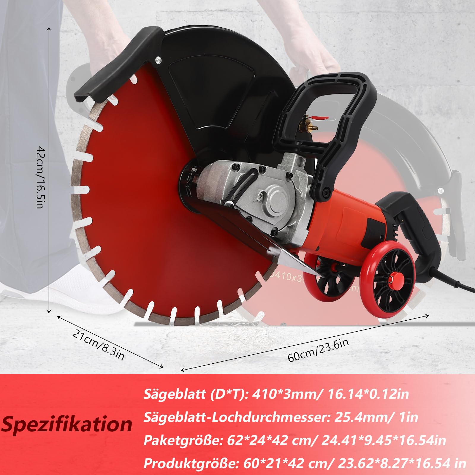 Sega per calcestruzzo a secco, 4000 W, 3000 giri/min, per calcestruzzo, pietre in acciaio, per taglio senza polvere, con lama da 410 mm, con pompa dell'acqua