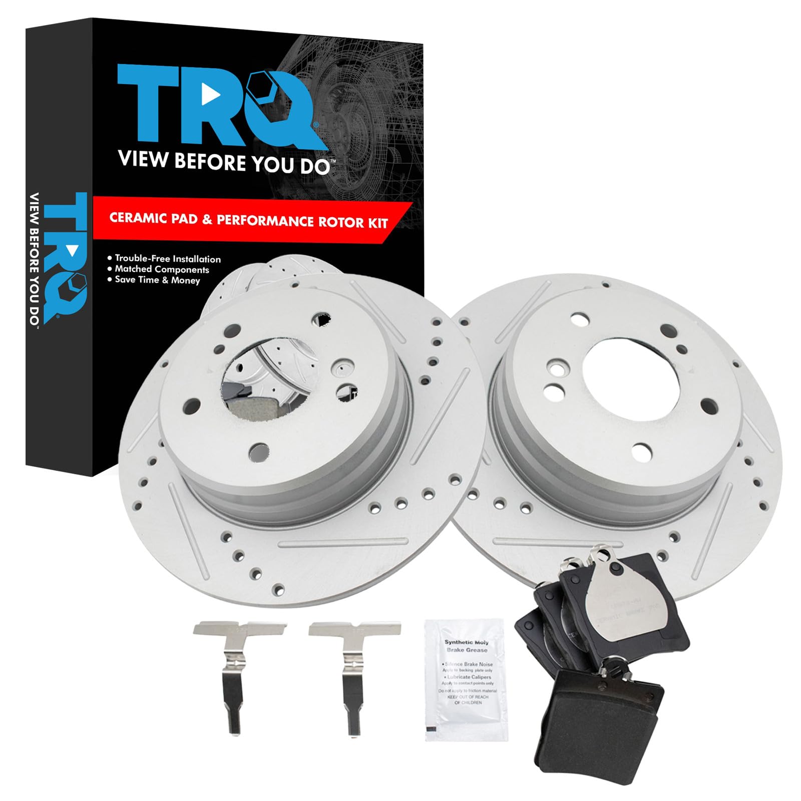 TRQ Performance Rear Brake Pad &amp; Rotor Set Ceramic Drilled Coated Compatible with 99-07 C230 01-05 C240 97-00 C280 98-04 SLK230 06-08 SLK280 09-11 SLK300 01-04 SLK320 08-11 SLK350