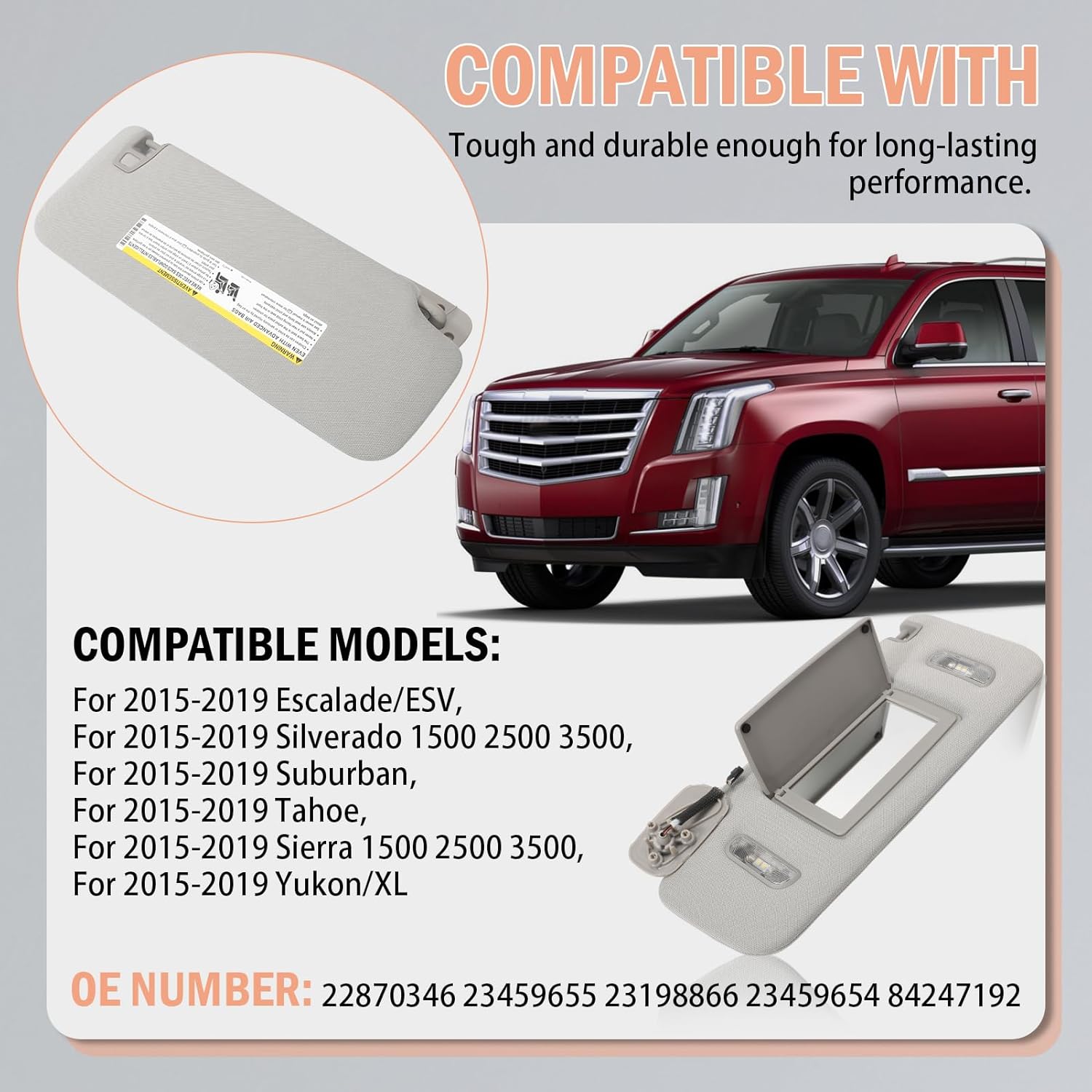 Left Driver Side Sun Visor with LED Lights Compatible with 2015-2019 Escalade Silverado/Suburban/Tahoe Sierra/Yukon Sunvisor (Gray) 23459655 23459654