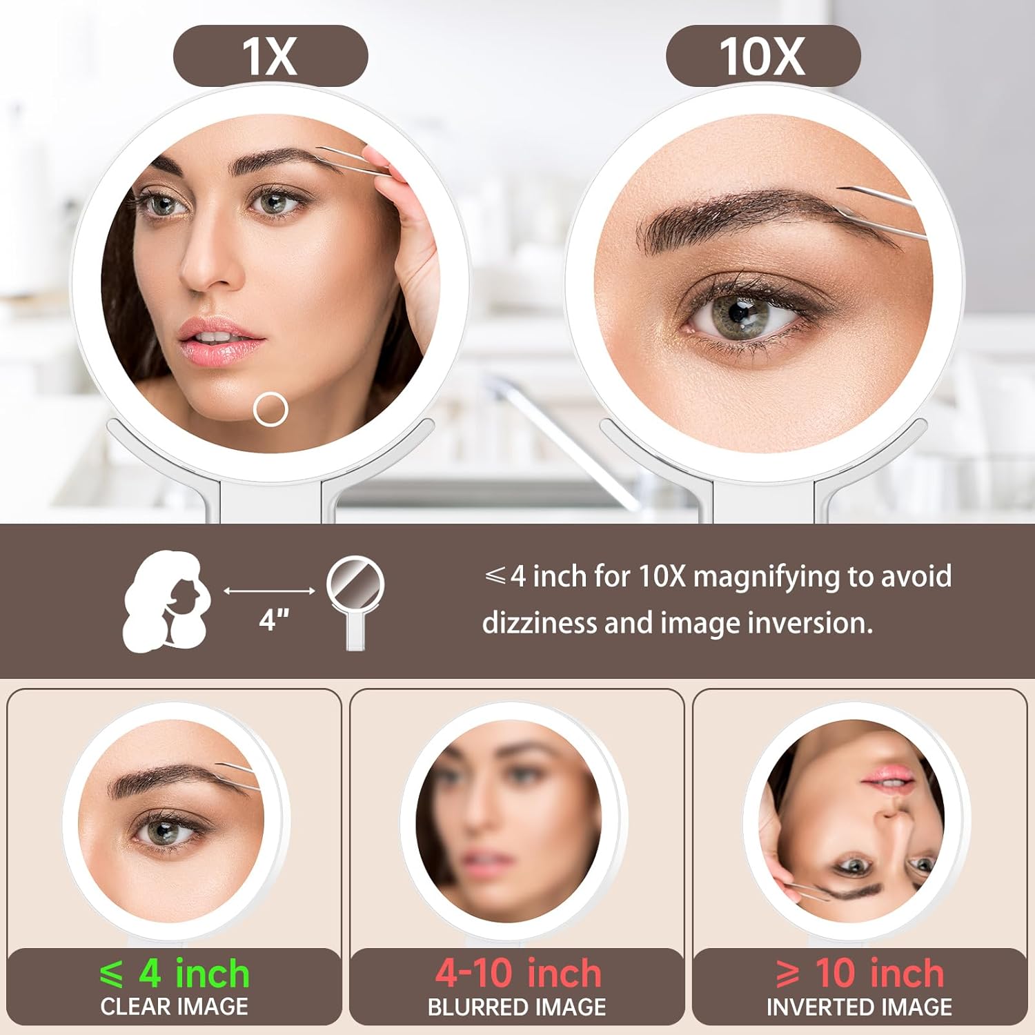 Magnifying Mirror with Light 1X/10X, Travel Lighted Makeup Mirror with Magnification, Make Up Mirror Stand Up Double Sided, Magnified Travel Mirror with Lights, 3 Light Colors & Dimming (White)