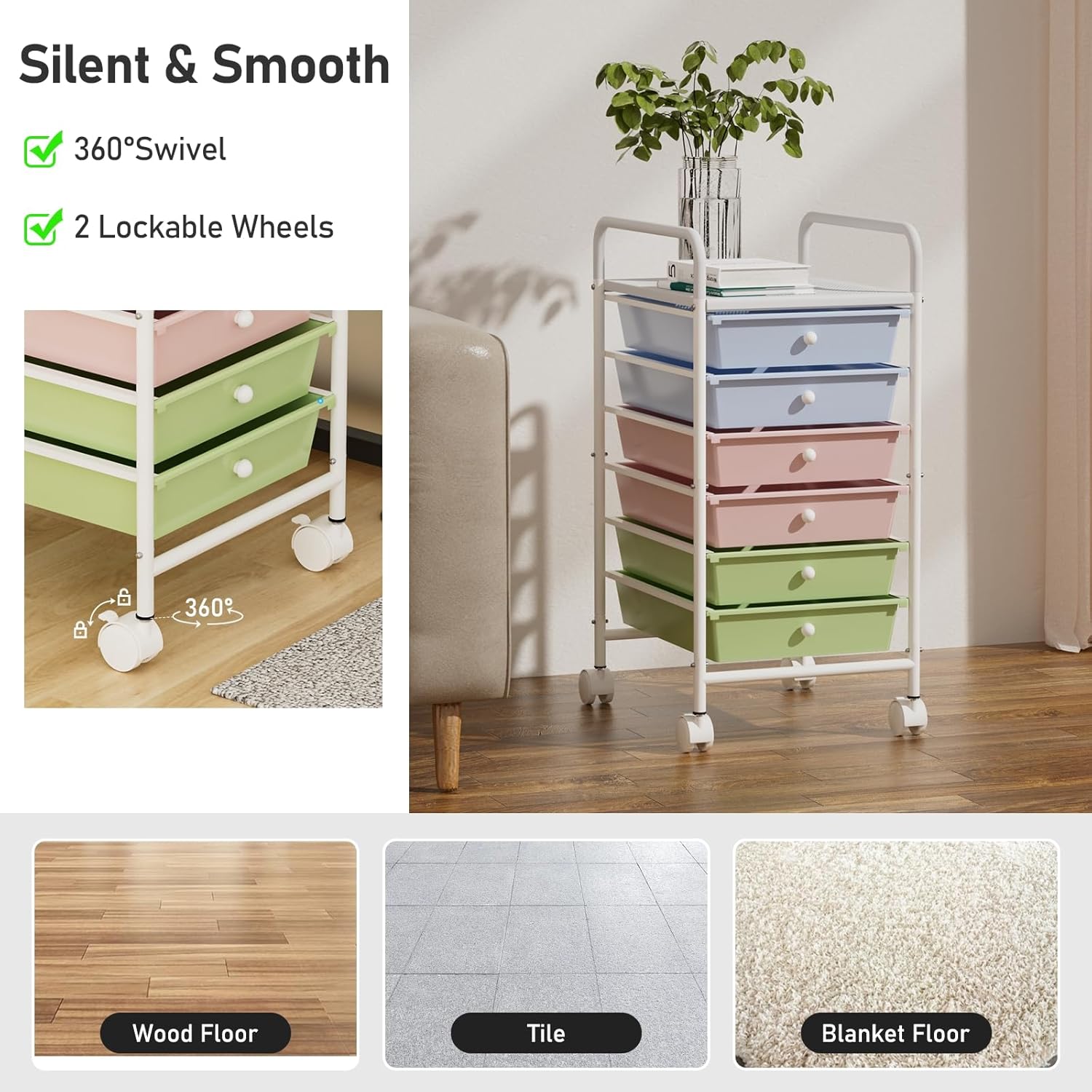 Metal 6 Tier Rolling Cart with 6 Drawers,1 Table Top & 4 Wheels, Utility Grocery Craft Cart on Wheels for Classroom, Office, Bathroom, Kitchen, Bar, Home Storage and Organization, Dorm Room Essentials (black)