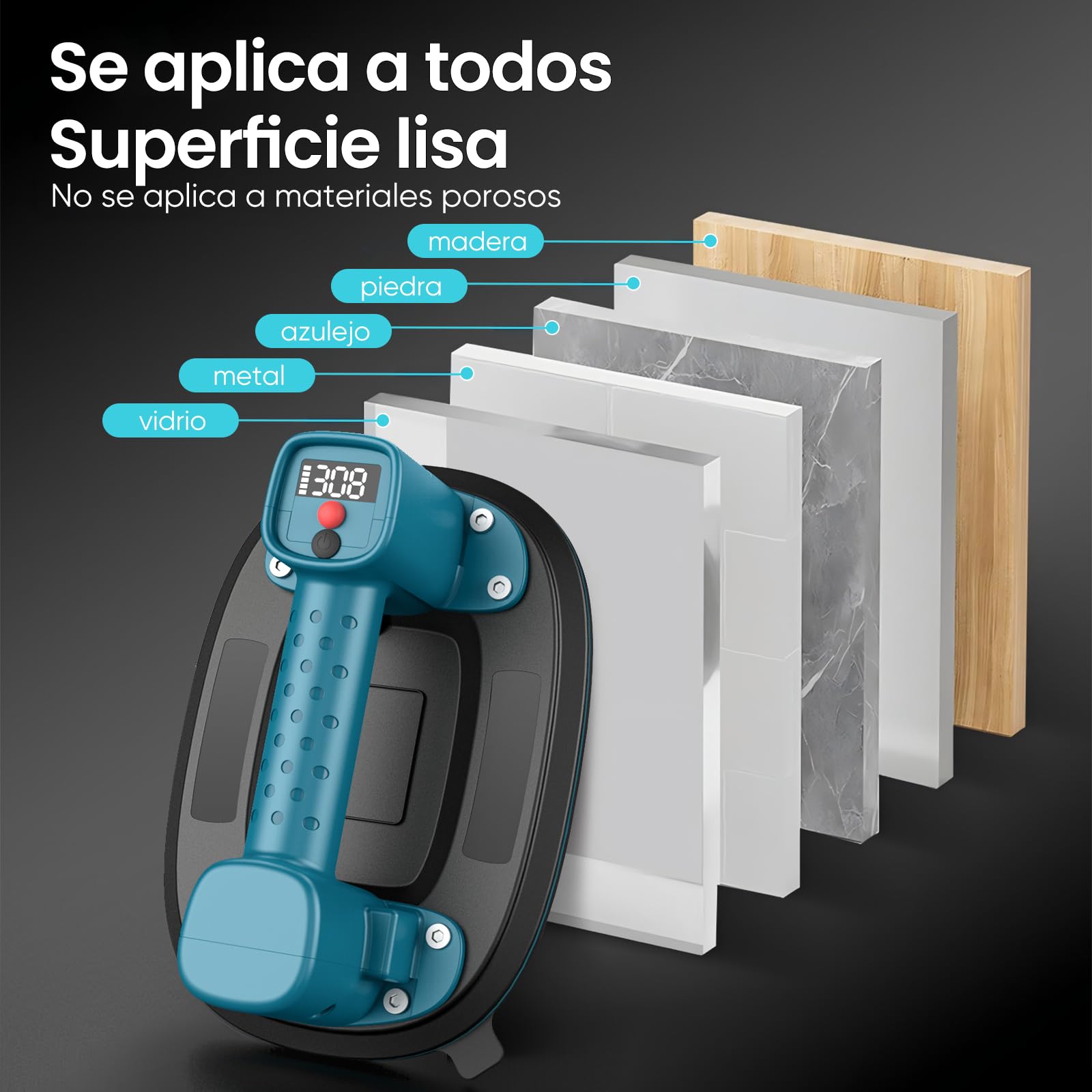 Ventosas Eléctricas para Azulejos, Carga MáX. 300 KG, Pantalla LCD, Batería de 4000 mAh, Función de Aspiración Automática, Doble Motor, 10" Ventosa para Cristal, Madera, Mármol y Cargas Pesadas