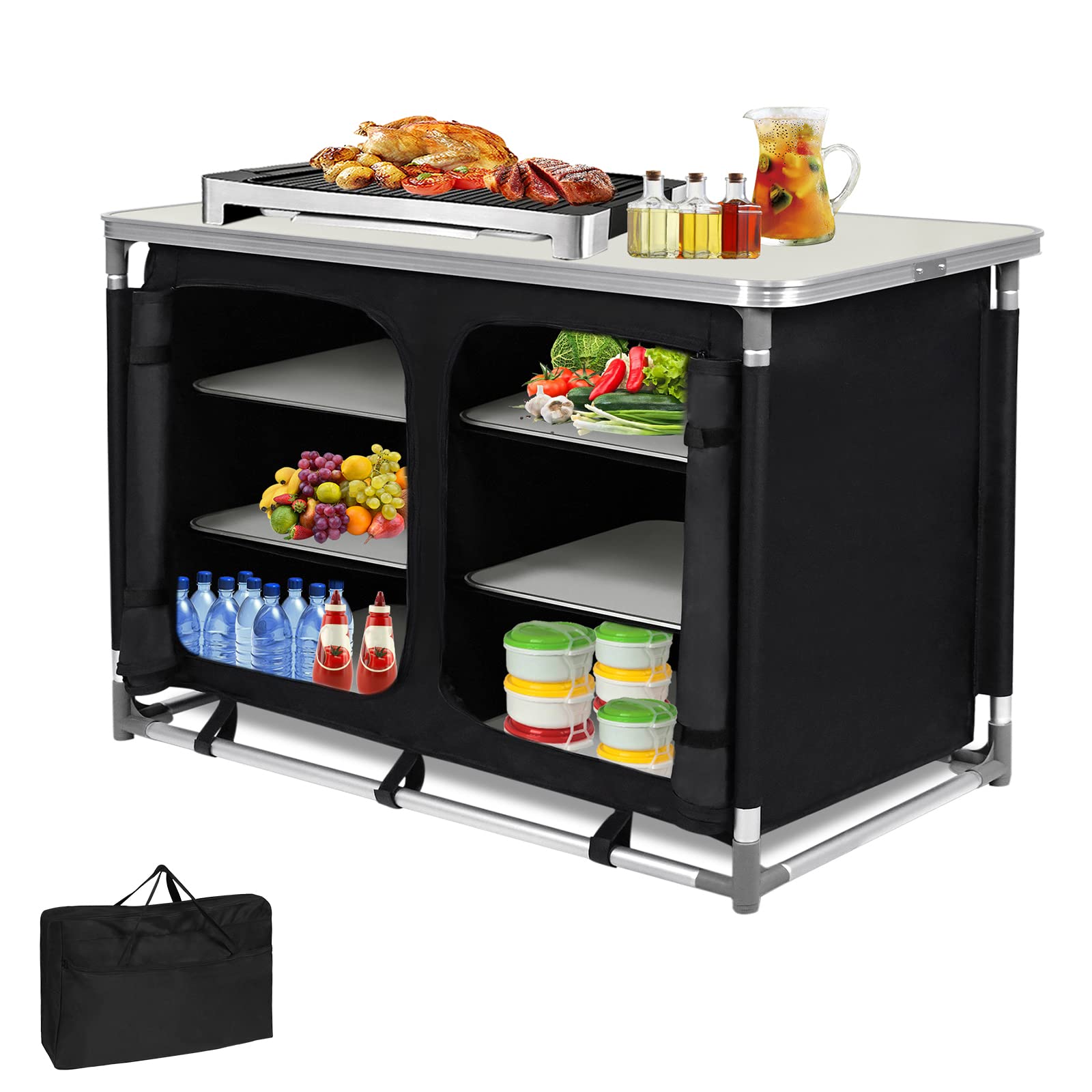 YRHome Cucina da campeggio per esterni, campeggio, cucina, campeggio, cucina, da viaggio, con telaio in alluminio, borsa per il trasporto, armadio pieghevole in tessuto (6 scomparti e 1 tavolo)