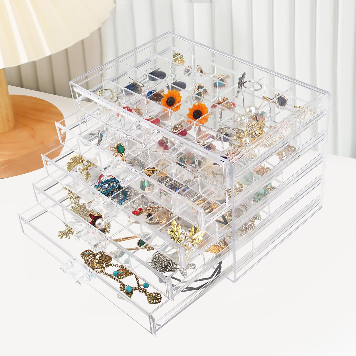 Ptaedex Jewelry Organizer Box, Acrylic Jewelry Holder Clear Jewelry Storage with 5 Drawers for Women Girls Men
