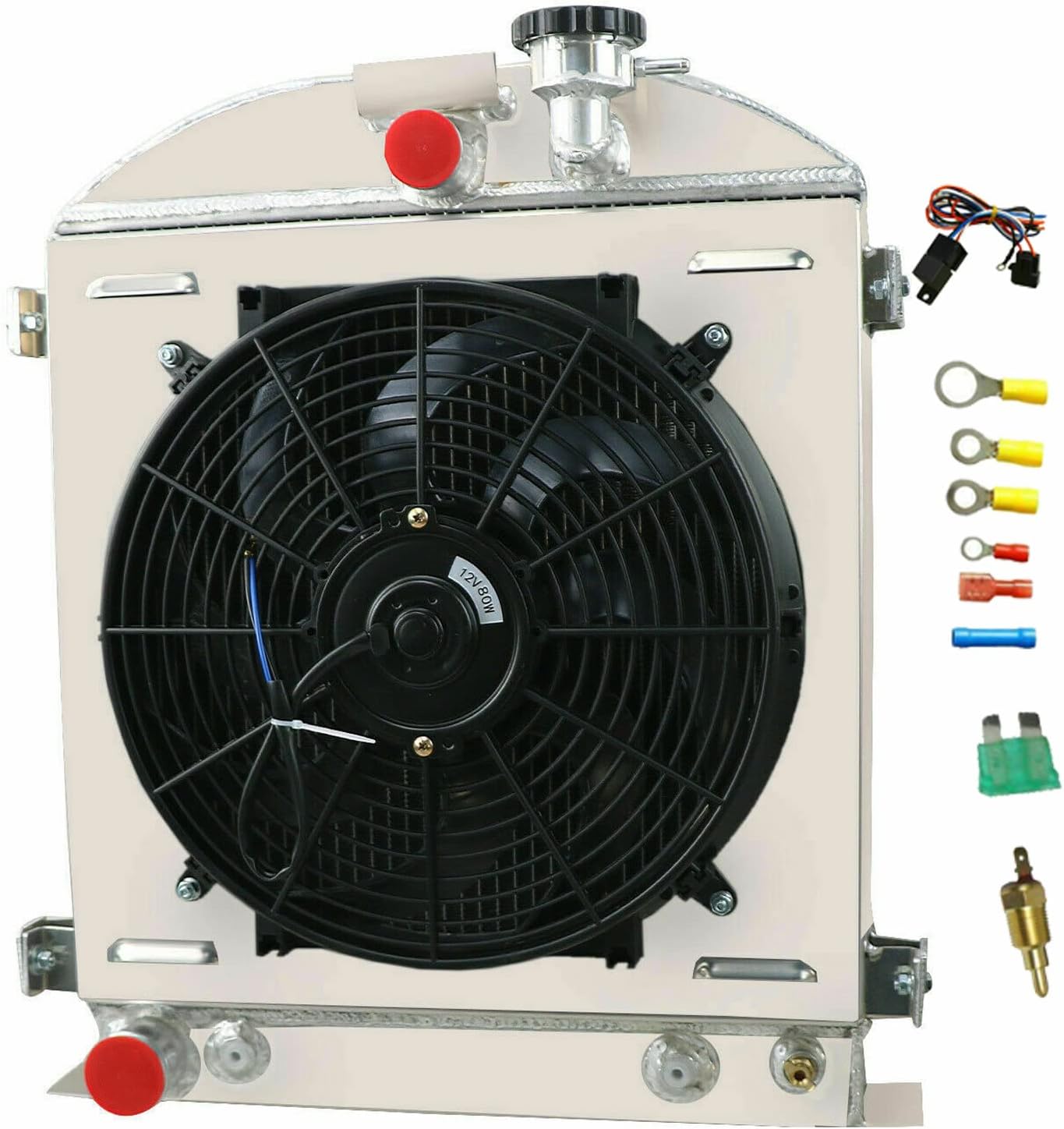 Full Aluminum Radiator for 1930 1931 1932 Ford Model B A AA Sedan Delivery V8 Configuration Engine Hi Boy Grill Shells Engine 3 Row Core Fans Shroud Thermostat Relay Kit