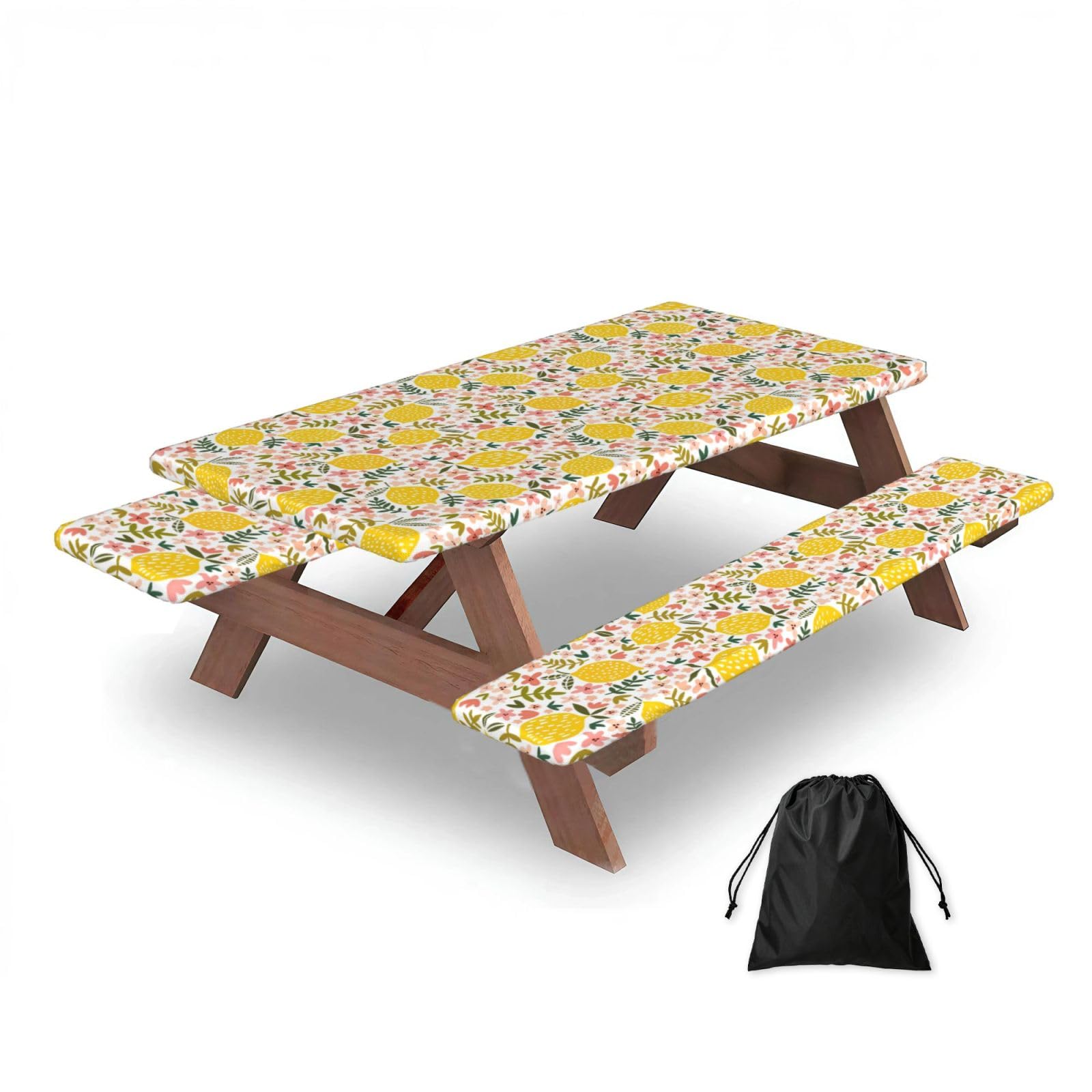 Dopklna As Picture Hibiscus Flower And Lemon, Picnic Table Cover With Bench Covers -Waterproof Elastic Fitted Tablecloth For Garden Camping Patio 76X152cm
