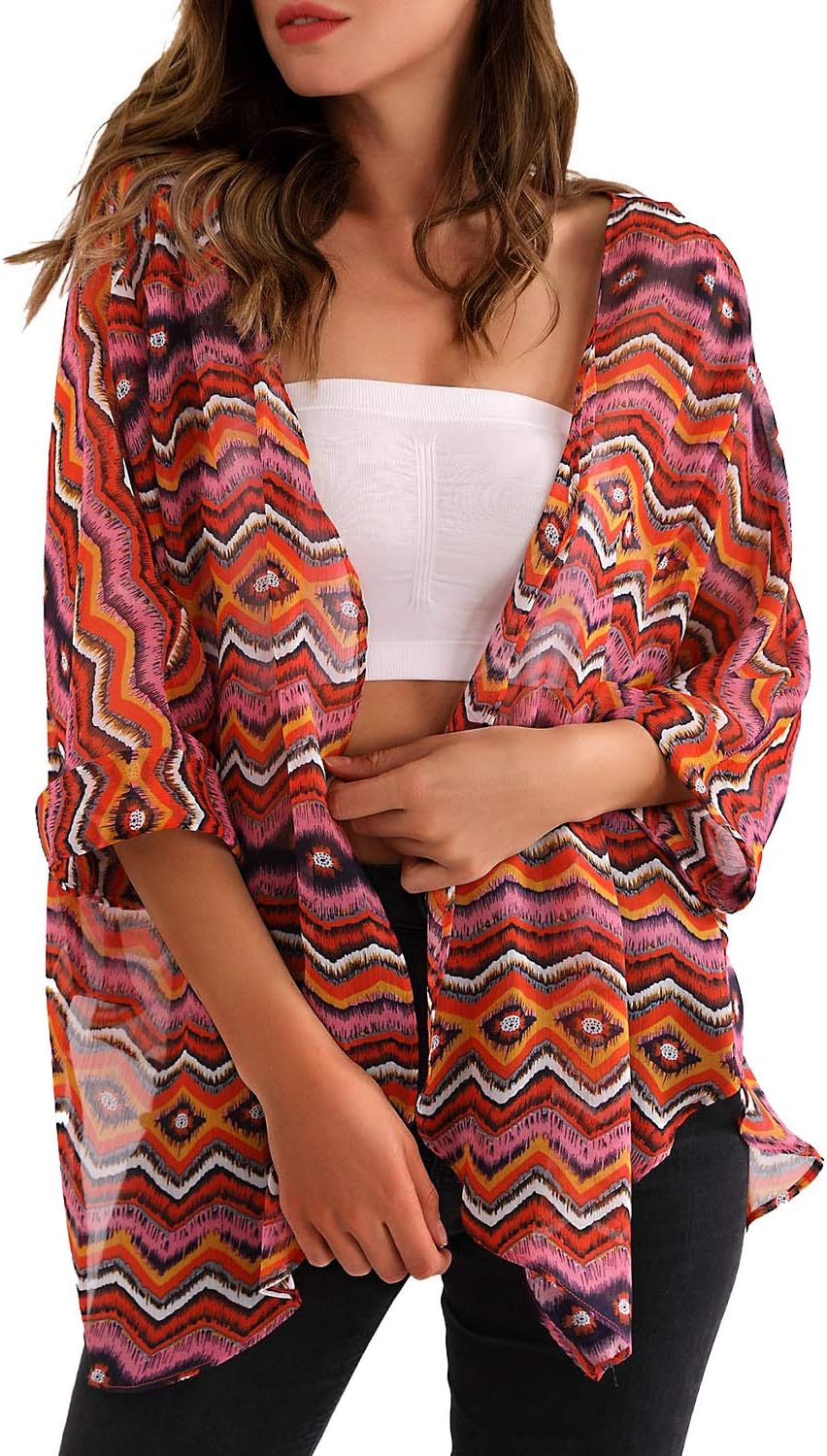 Women's 3/4 Sleeve Floral Print Chiffon Kimono Cardigan Capes (Bohemian, S)