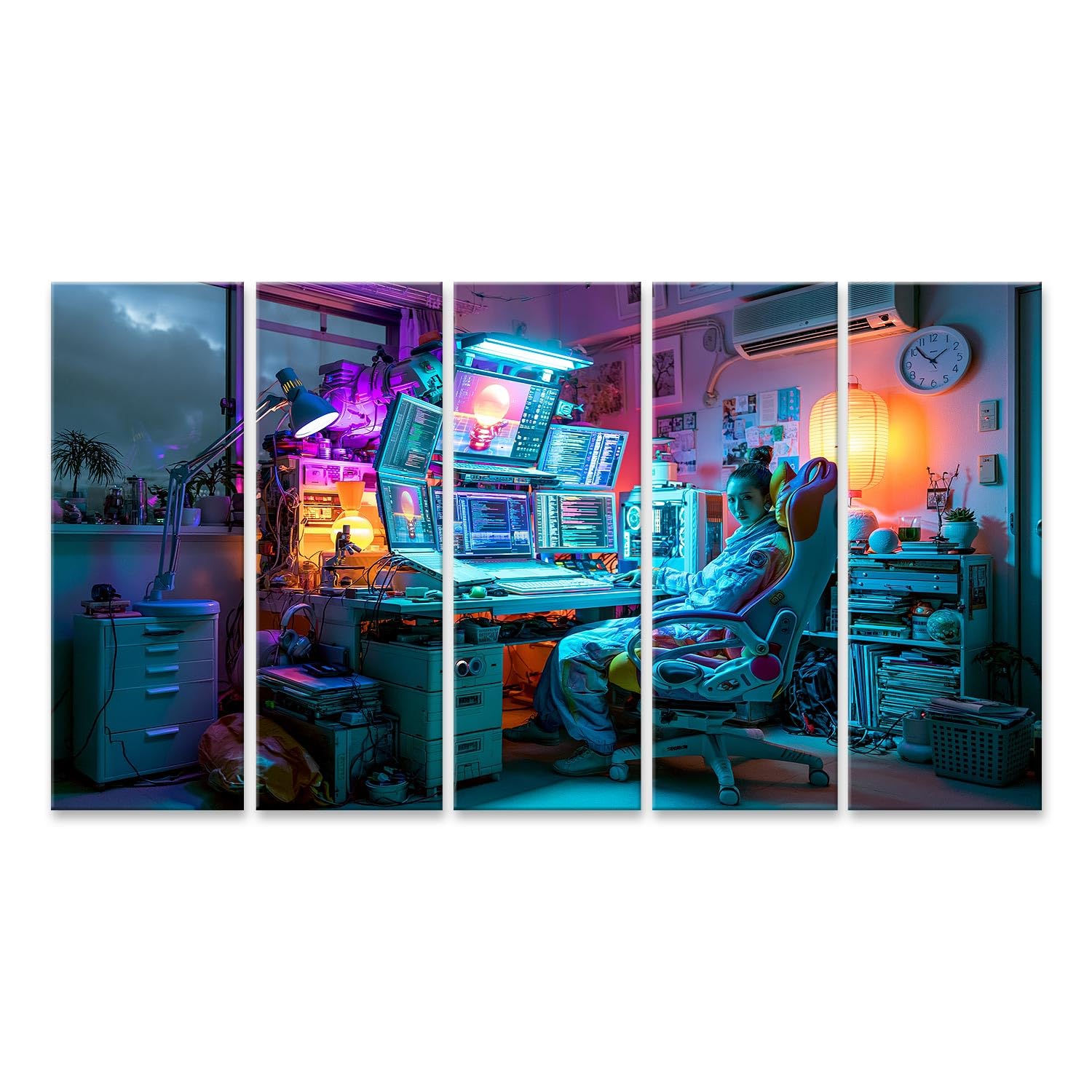 islandburner Bild auf Leinwand Futuristischer Hacker-Arbeitsplatz Wandbild Büro Für Technikbegeisterte - 5-teilig XXL