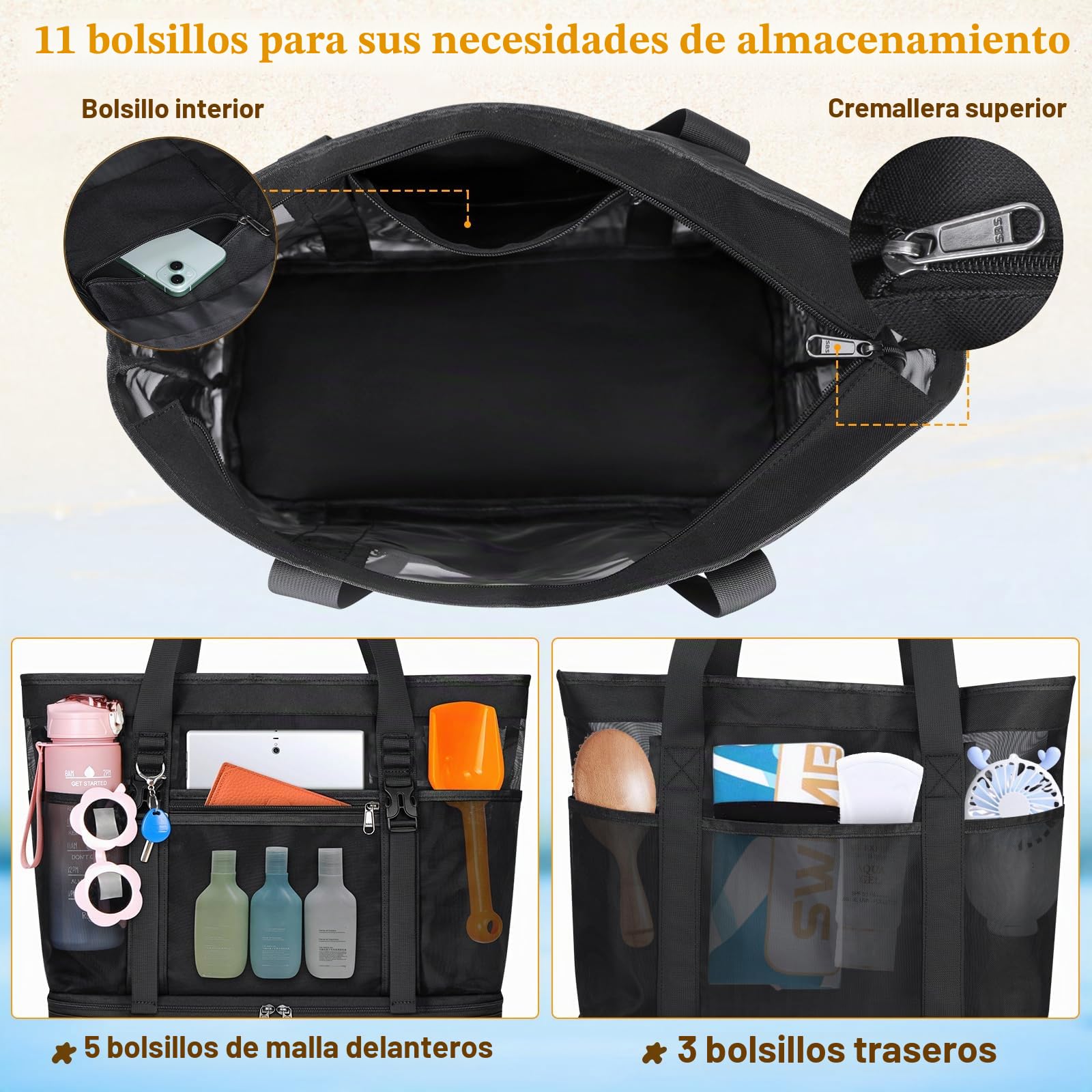 RAINSMORE Bolsa Playa Grande XXL Familiar Bolso Playa Mujer de Malla con Cremallera 42L Impermeable Bolsa Piscina para Viaje Compras Juguetes Negro