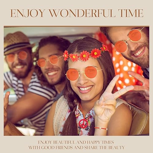 Miniatura 6 de Juego de 6 accesorios de disfraz hippie de los años 60 y 70, gafas hippie retro de los años 60 y 70, aretes y collar, banda para el pelo de girasol