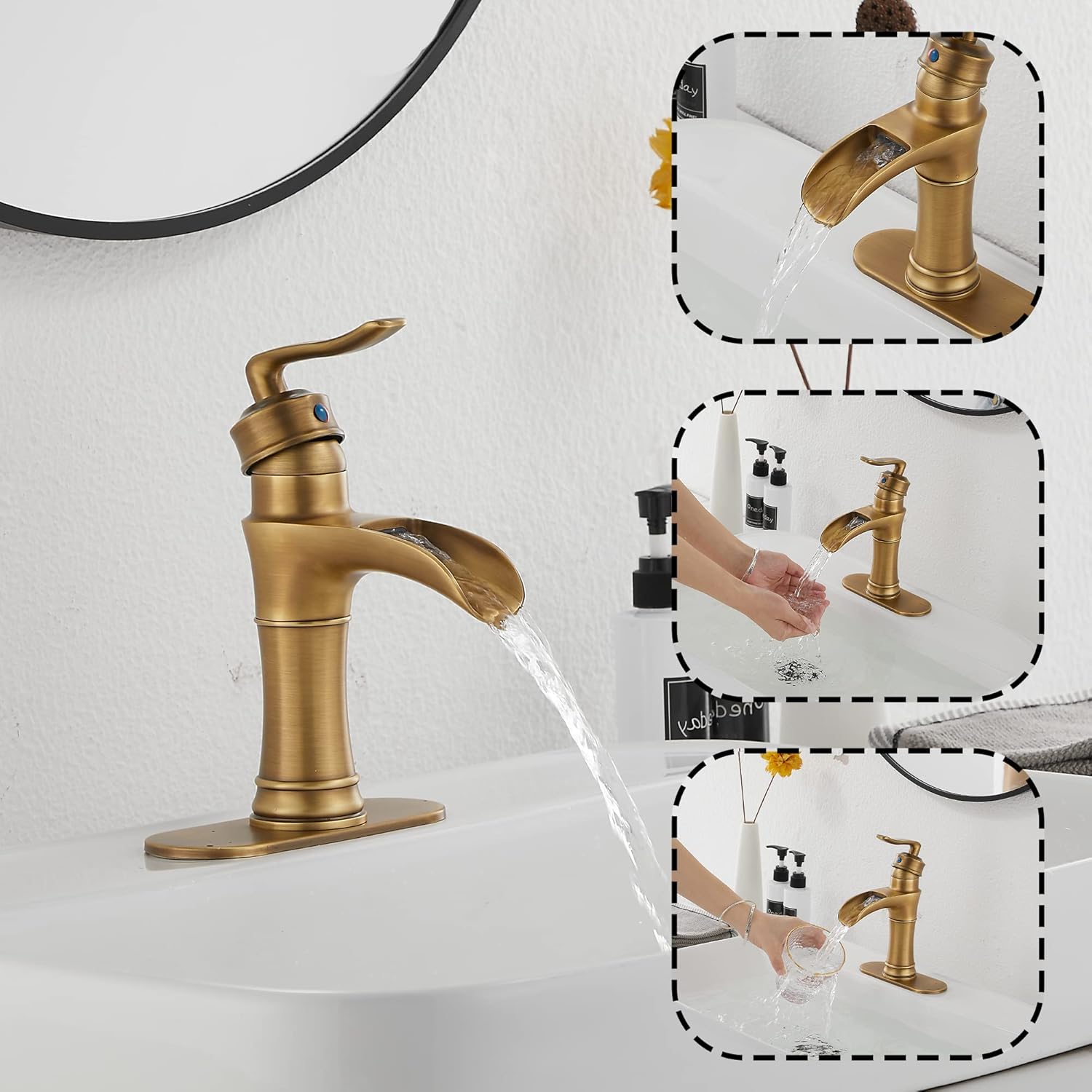 Waterfall Bathroom Faucet Antique Brass GGStudy Single Handle One Hole Farmhouse Bathroom Vanity Faucet Basin Mixter Tap Deck Mount with Drain Assembly
