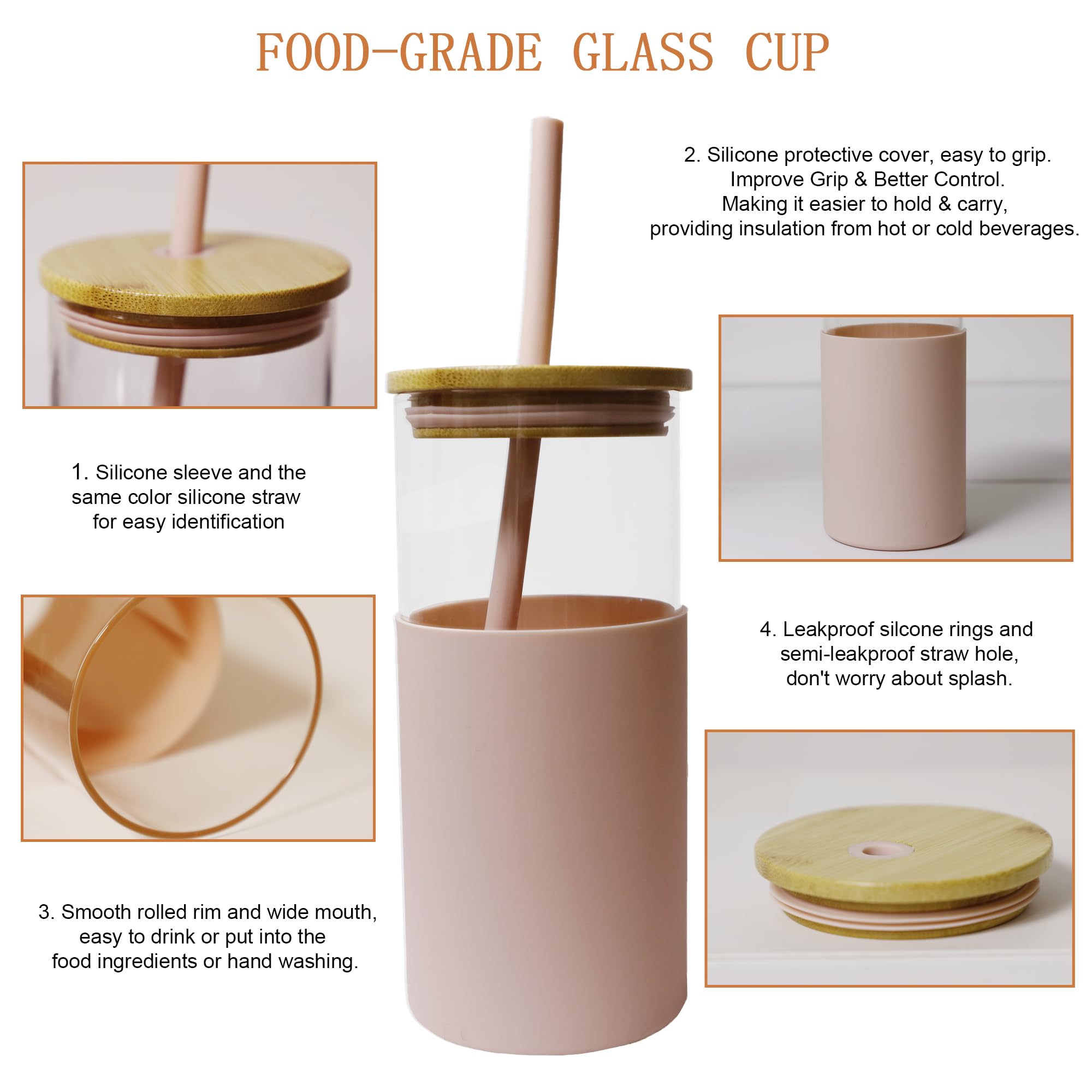 MEIXINZHI Glass Cup with Bamboo Lid and Straw, 20 oz Glass Tumbler with Silicone Protective Sleeve, Reusable Drinking Glasses, Cute Cup for Iced Coffee, Smoothie, Tea, Juice, Beer