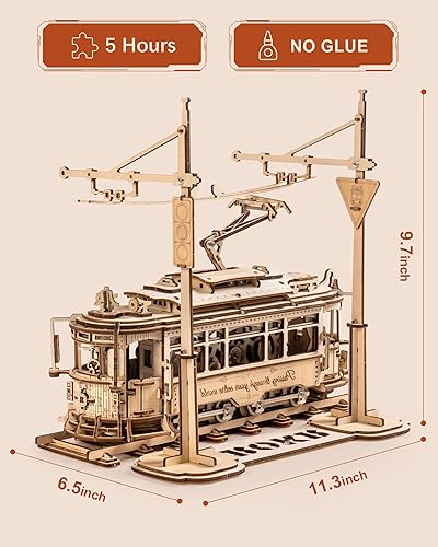 Miniatura 6 de ROKR Rompecabezas de madera 3D, kits de autos para adultos, juego de tren de tranvía de juguete de madera con ferrocarril, rompecabezas 3D de madera
