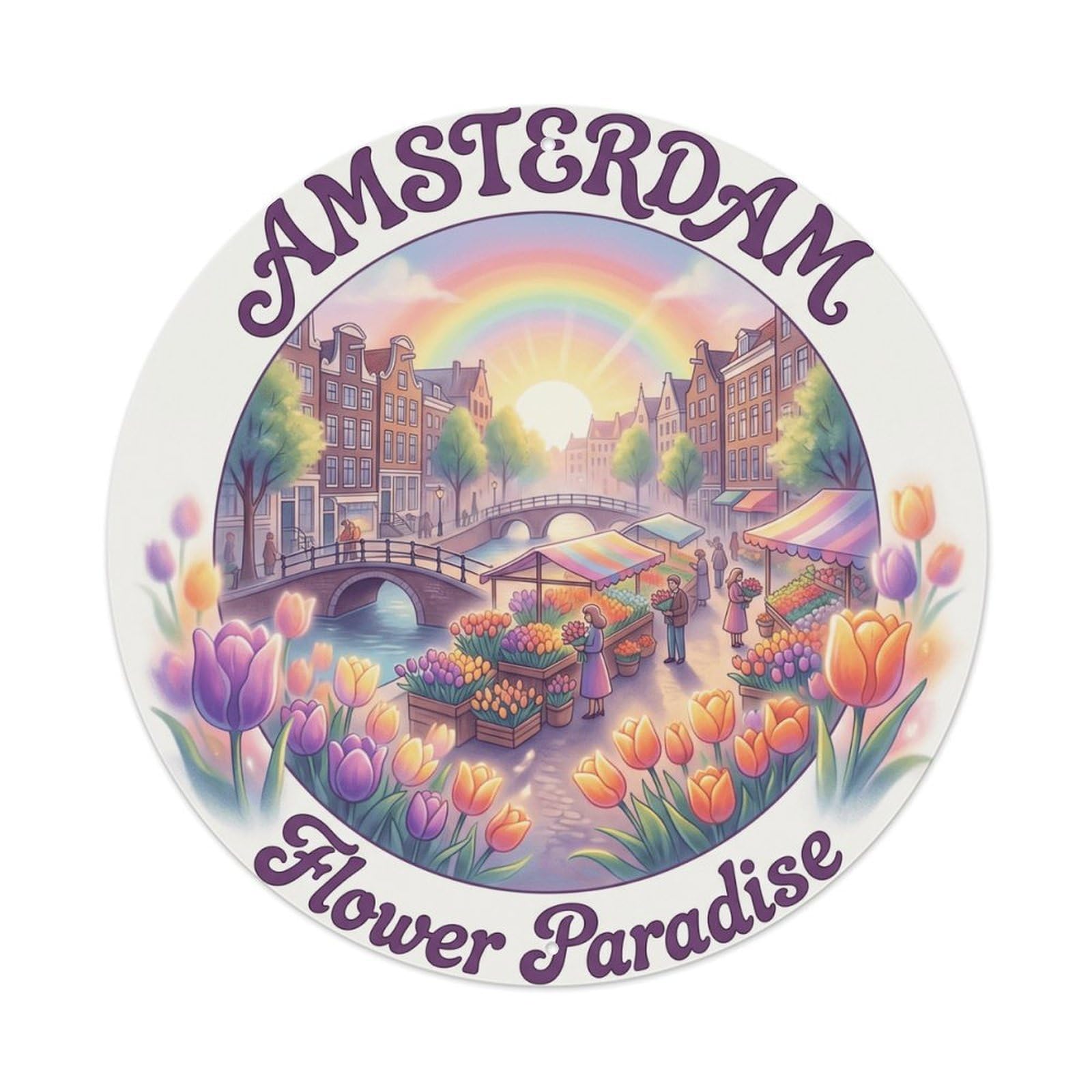 Yrnq Vintage Style Vintage Travel Amsterdam Tulip Market Vintage Metal Tin Sign Plaque Wall Decor For Cafe, Club, Garden Round Metal Poster 8X8inch