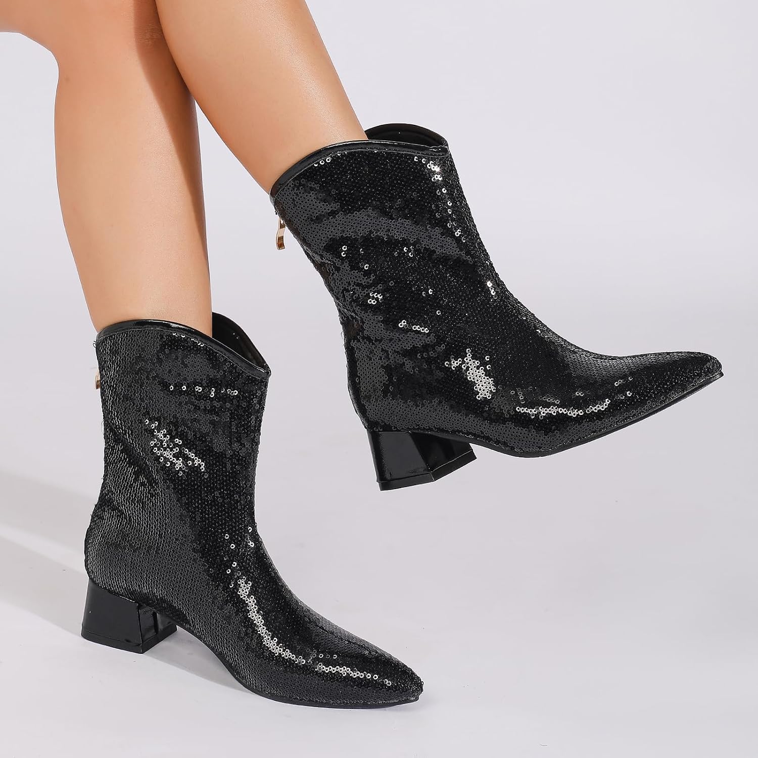 GATUXUS Women's Sequin Sparkly Ankle Boots Chunky Heels Zipper Sexy Pointed Toe Cowboy Cowgirl Booties Dress Shoes