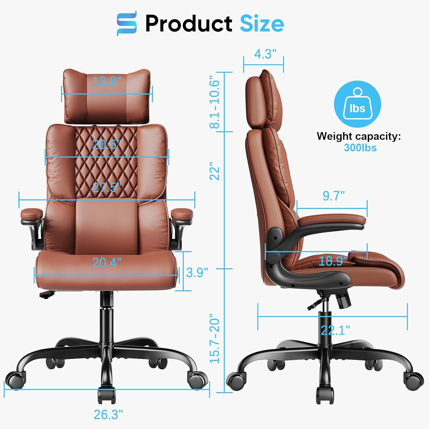 sytas executive office ergonomic chair with adjustable headrest, pu leather desk chair, high-back swivel task chair for home office, 135° reclining, brown