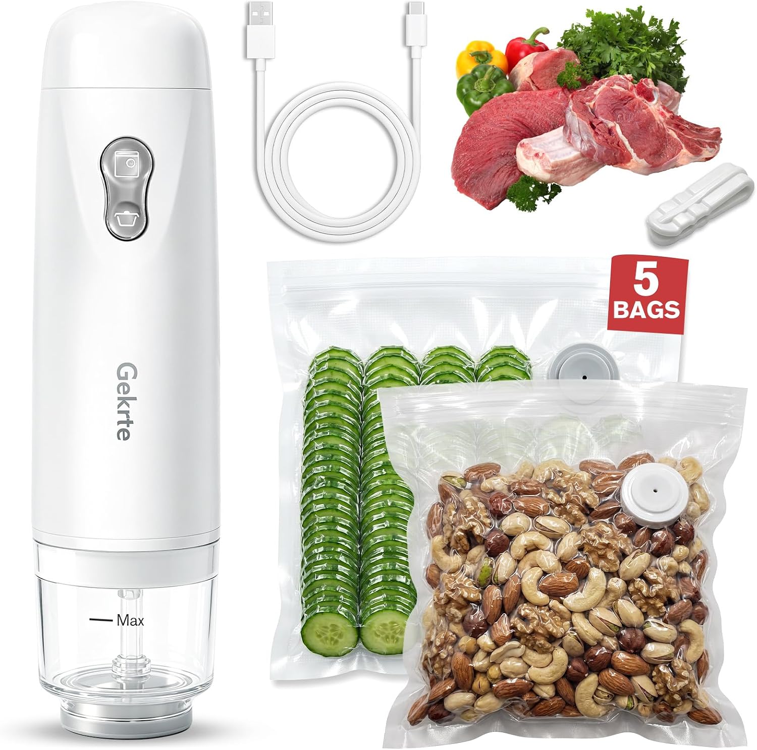 Compact Vacuum Sealer, 60Kpa pwerful food saver vacuum sealer machine | Rechargeable Porable Food Sealer for Food Storage, Meal Prep, Camping & Freezer, Includes 5 Vacuum Sealer Bags and Clips