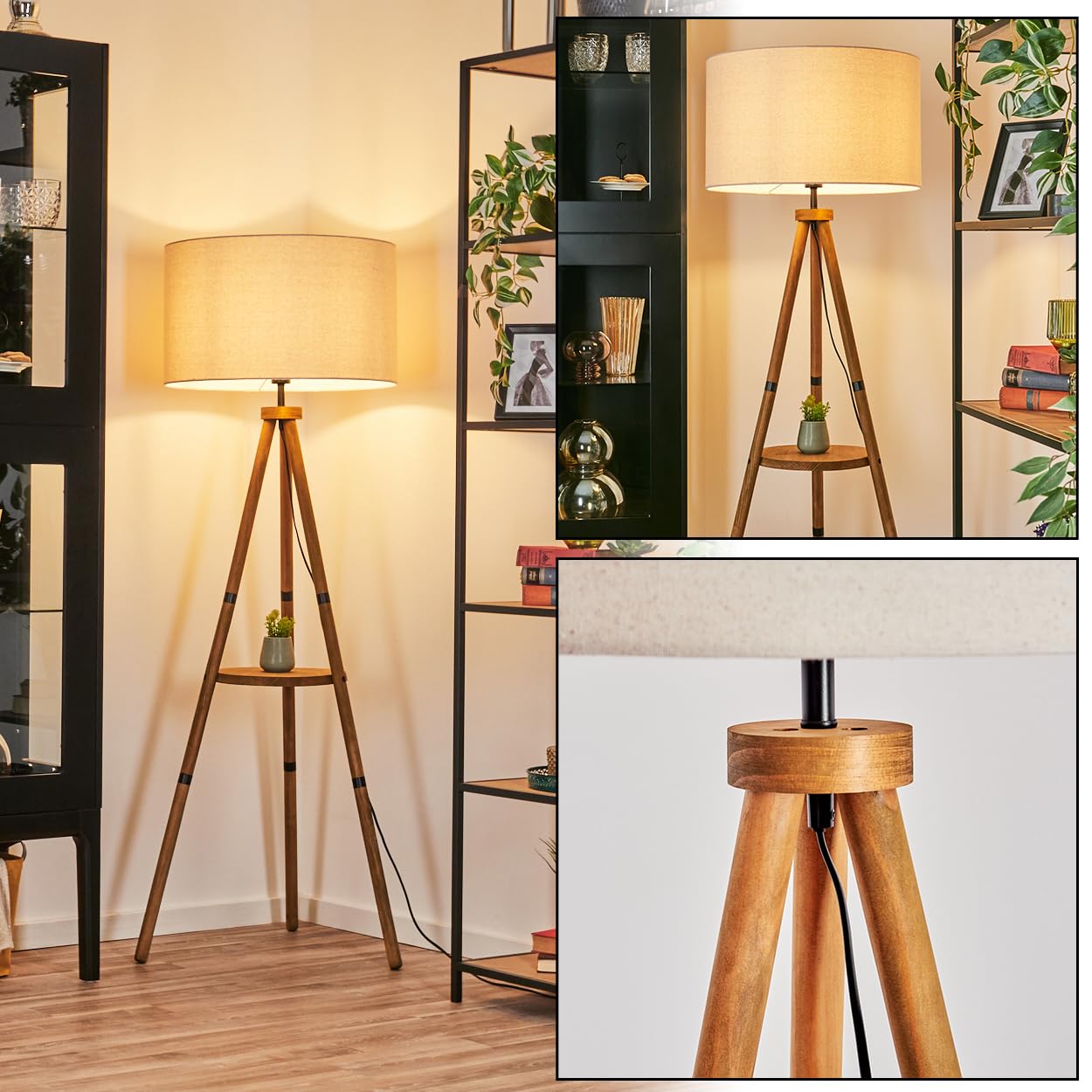 HOFSTEIN Stehleuchte Flemming, Stehlampe aus Holz/Metall im modernen Boho-Design, Schirm aus Stoff, Ø 50 cm, 153 cm, E27, mit Fußschalter und Ablagefläche - Wohnzimmer, Schlafzimmer, Esszimmer, Flur
