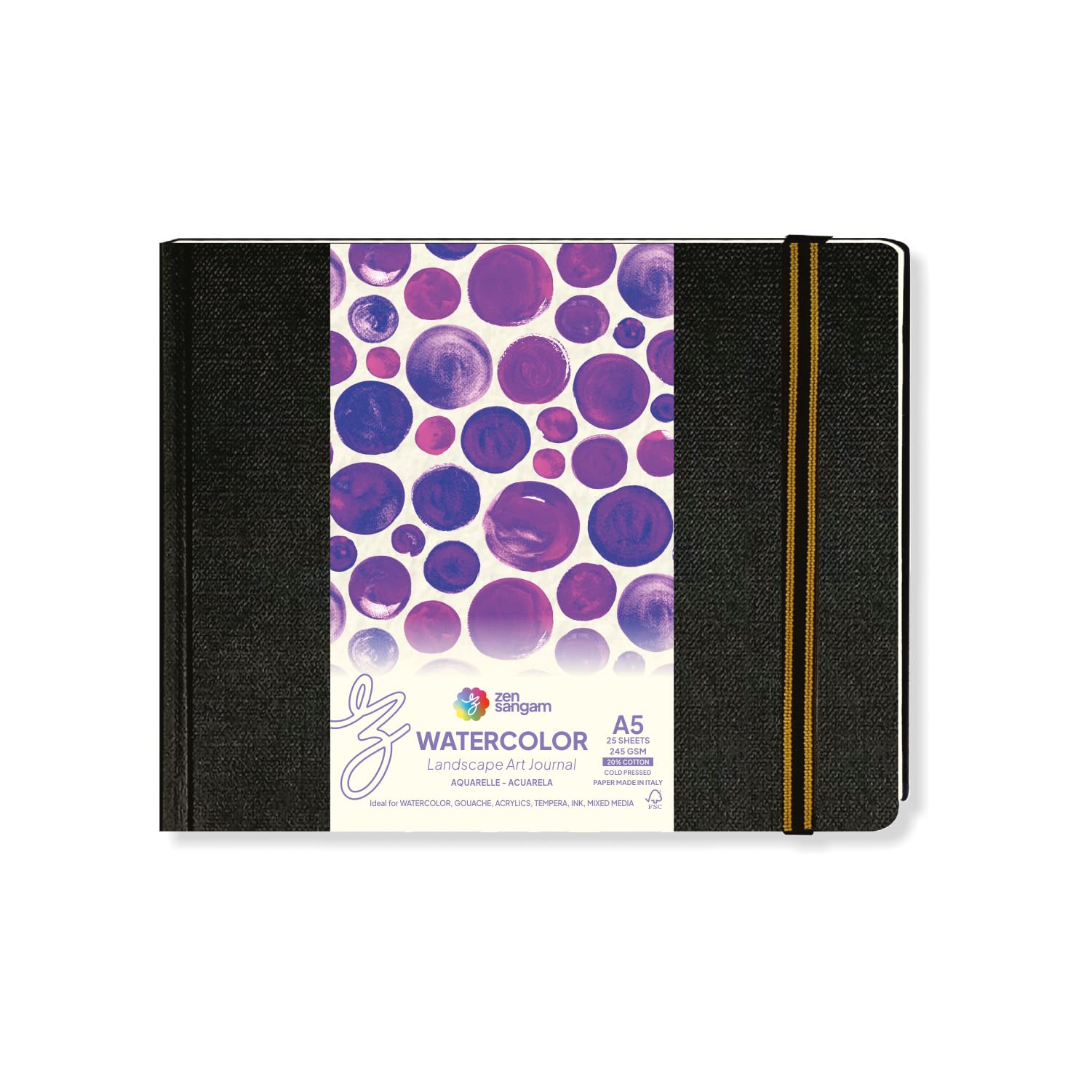 Zen Sangam Artists’ - A5 Watercolor Art Journal Landscape - 245 GSM - 20% Cotton Cold Pressed - (50 Pages) - Size (14.8x21cm) - Watercolour Book - Black.