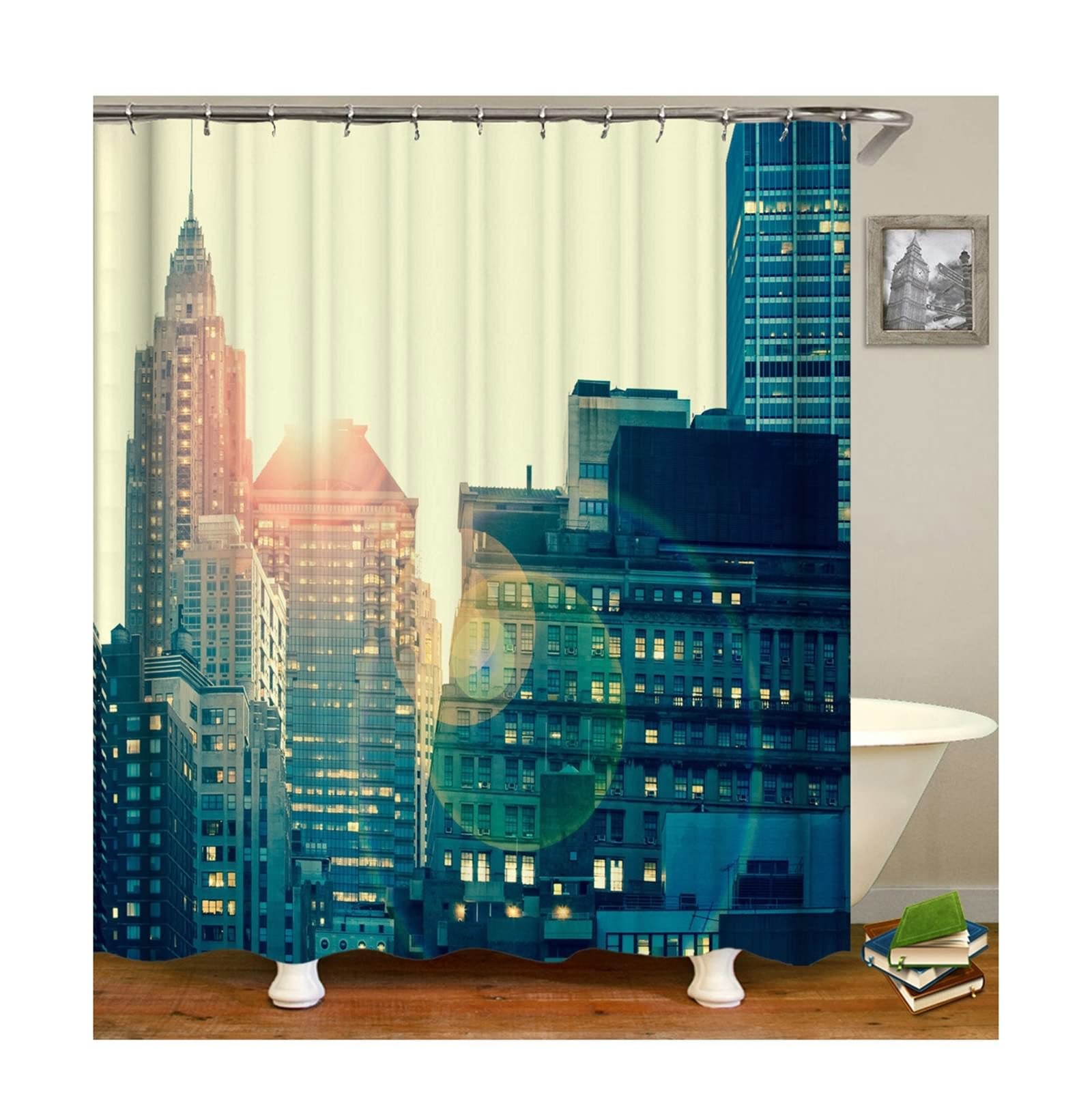 Tenda Doccia Decorativa, Poliestere Multicolore Vista edifici alti Tende doccia bagno con ganci, 165x200cm