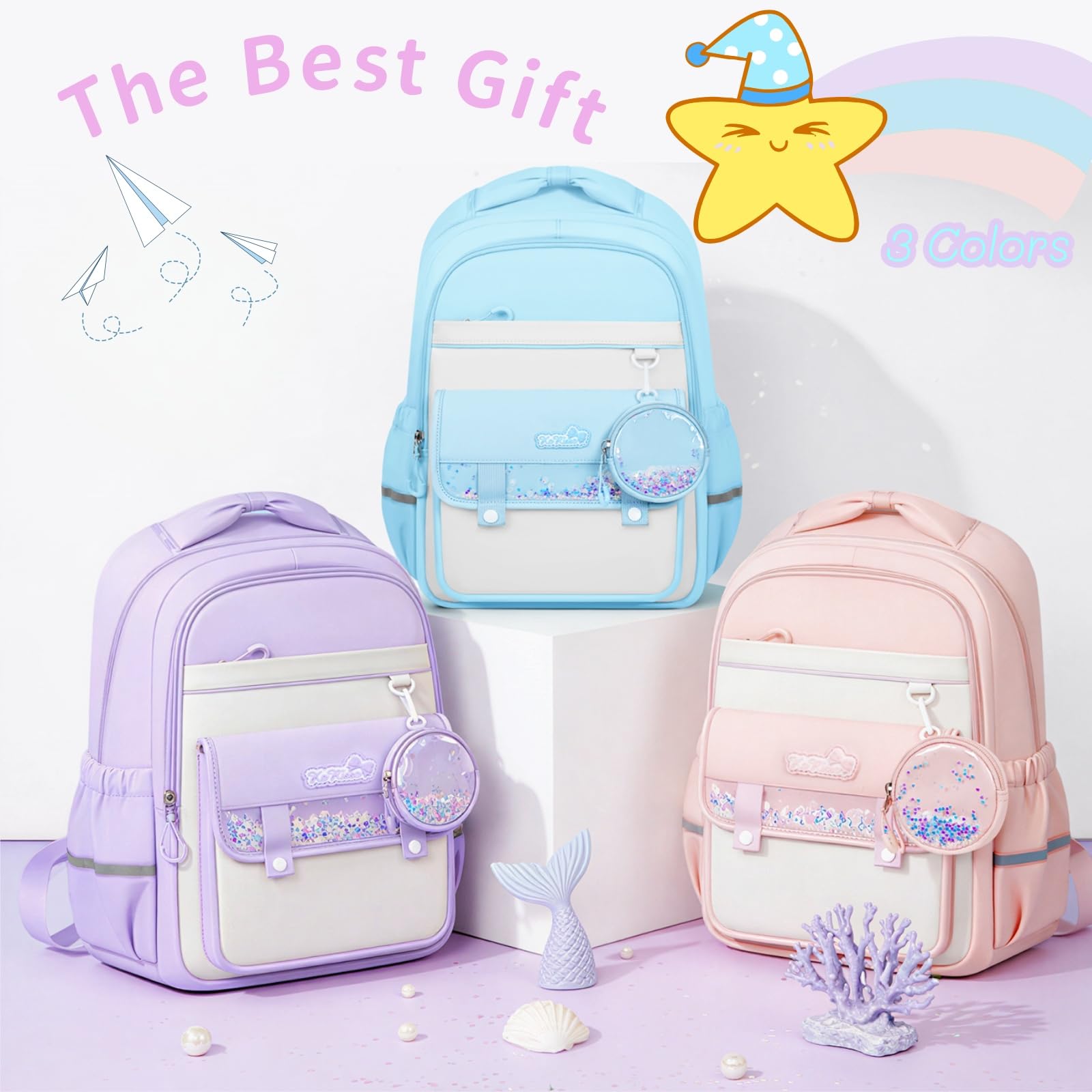 Zaino per bambini per la scuola elementare per ragazze e bambini, grazioso zaino con portamonete scintillante, Viola, L, Classico