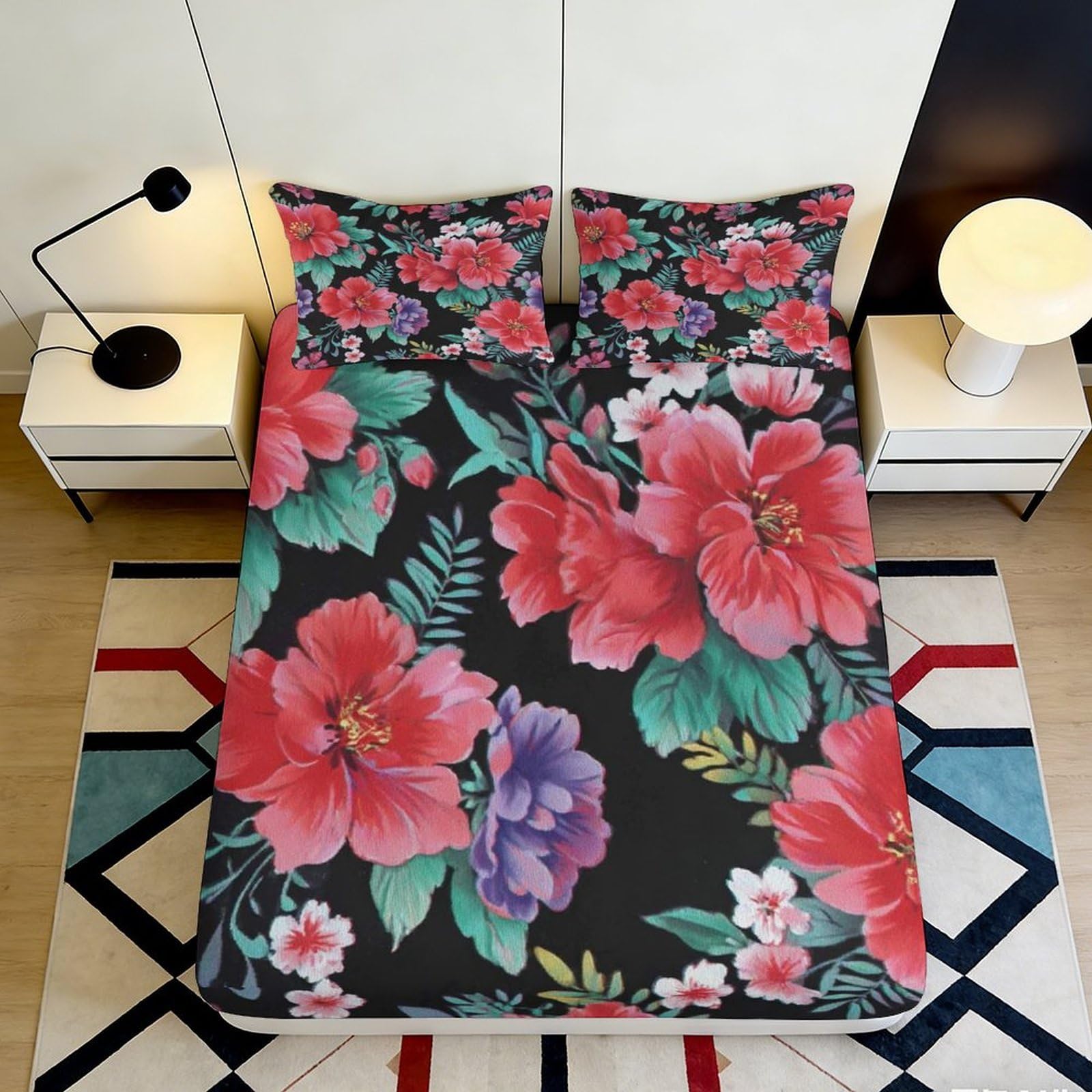 Dhbaneiok Style-10 3D Printed Tropical Hibiscus Fitted Sheet Microfiber Floral Bedroom Decor Vibrant Vintage Blossom Mattress Cover 90X200x25cm