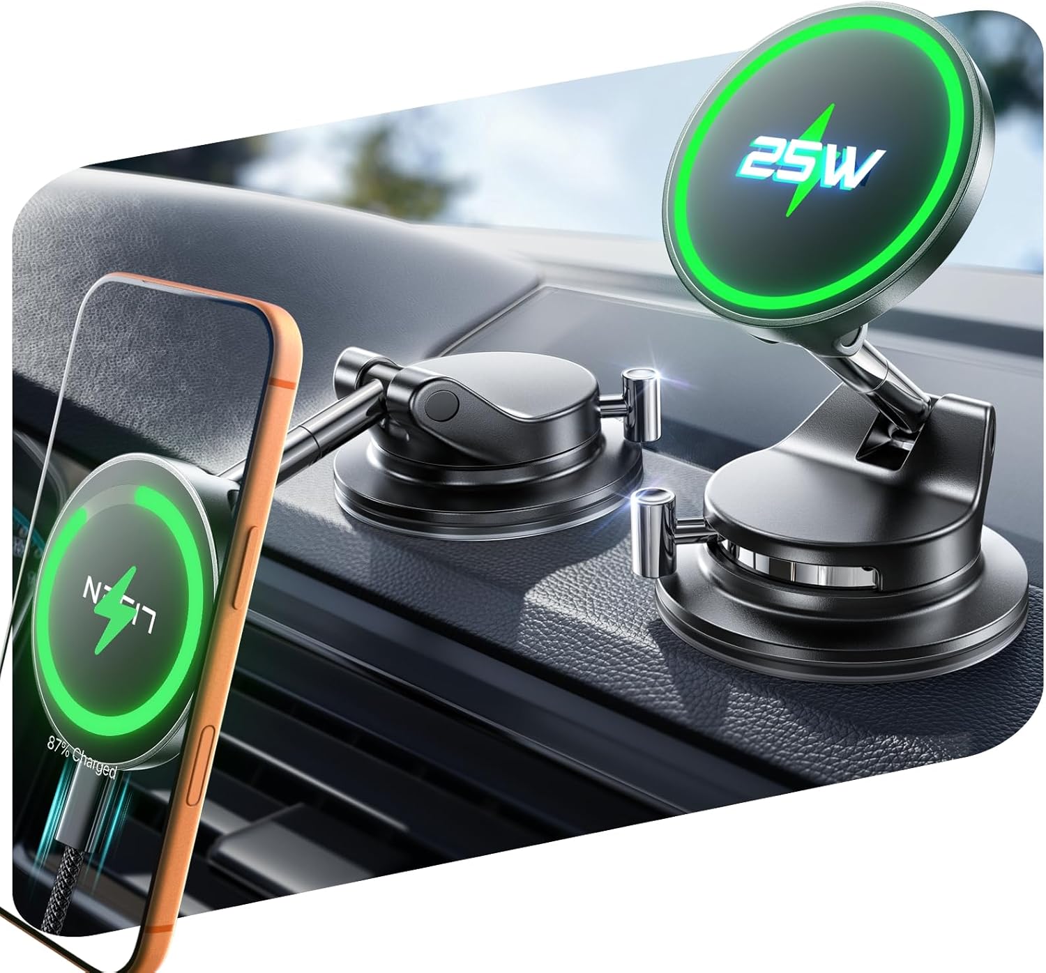LISEN Qi2.2 25W Magsafe Car Mount Charger.[More Stable & Faster Charging] Suction Cup Phone Mount. Wireless Car Charger 25W for iPhone 17 16 Samsung Galaxy S26 Ultra.15W for iPhone 17e 15 14 13 12