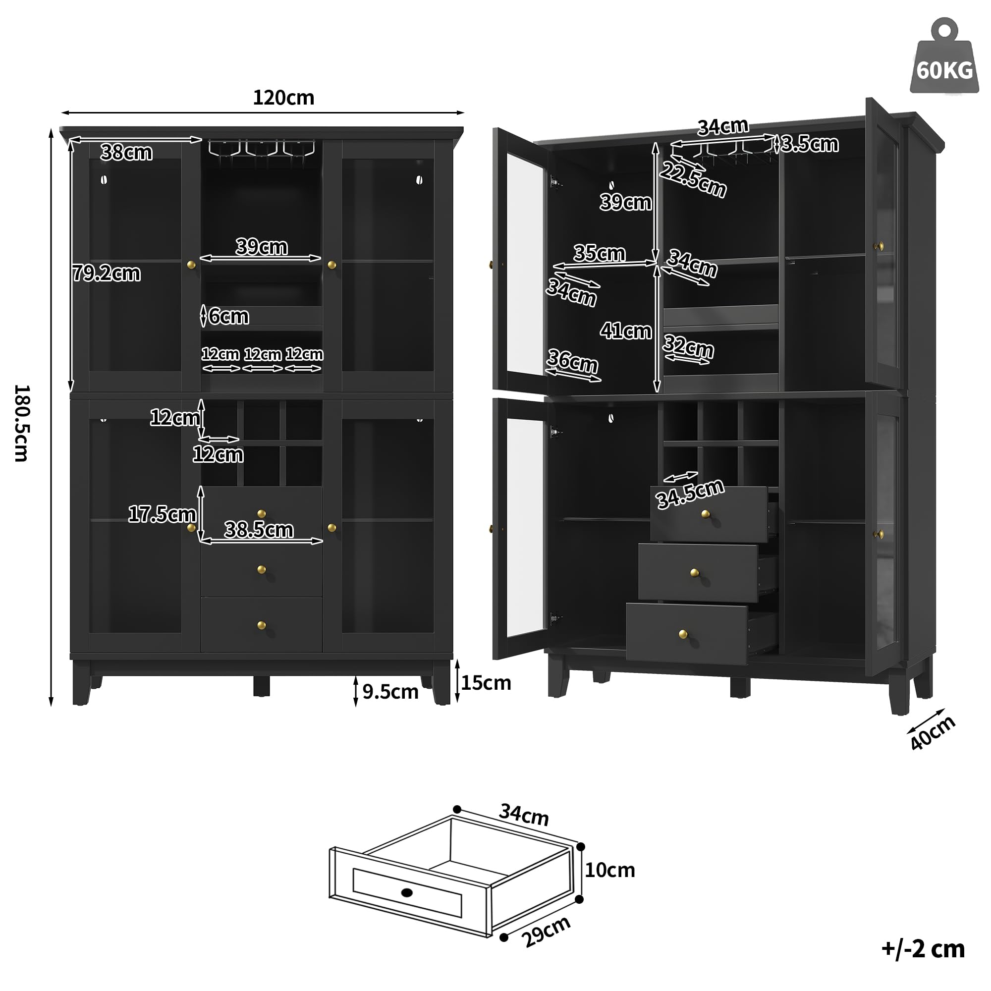 Weinschrank mit App-gesteuerter LED-Beleuchtung, 180,5x120x40 cm, Weinregal mit 3 Schubladen, Weinglas- & Flaschenhalter, Hausbar Weinbar, modernes Flaschenregal für Wohnzimmer & Esszimmer