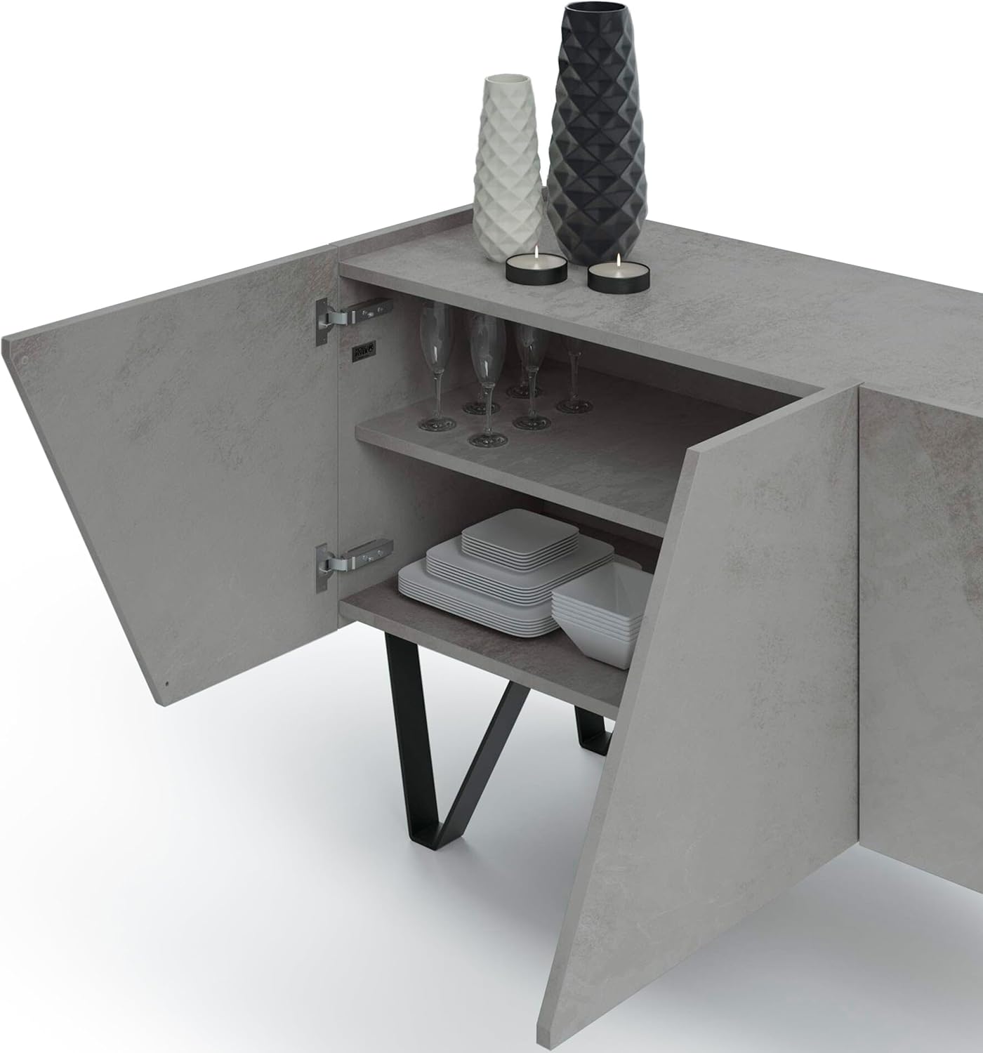 Mobili Fiver, Emma 4-Door Sideboard with Black Legs, Concrete Effect, Grey, Made in Italy