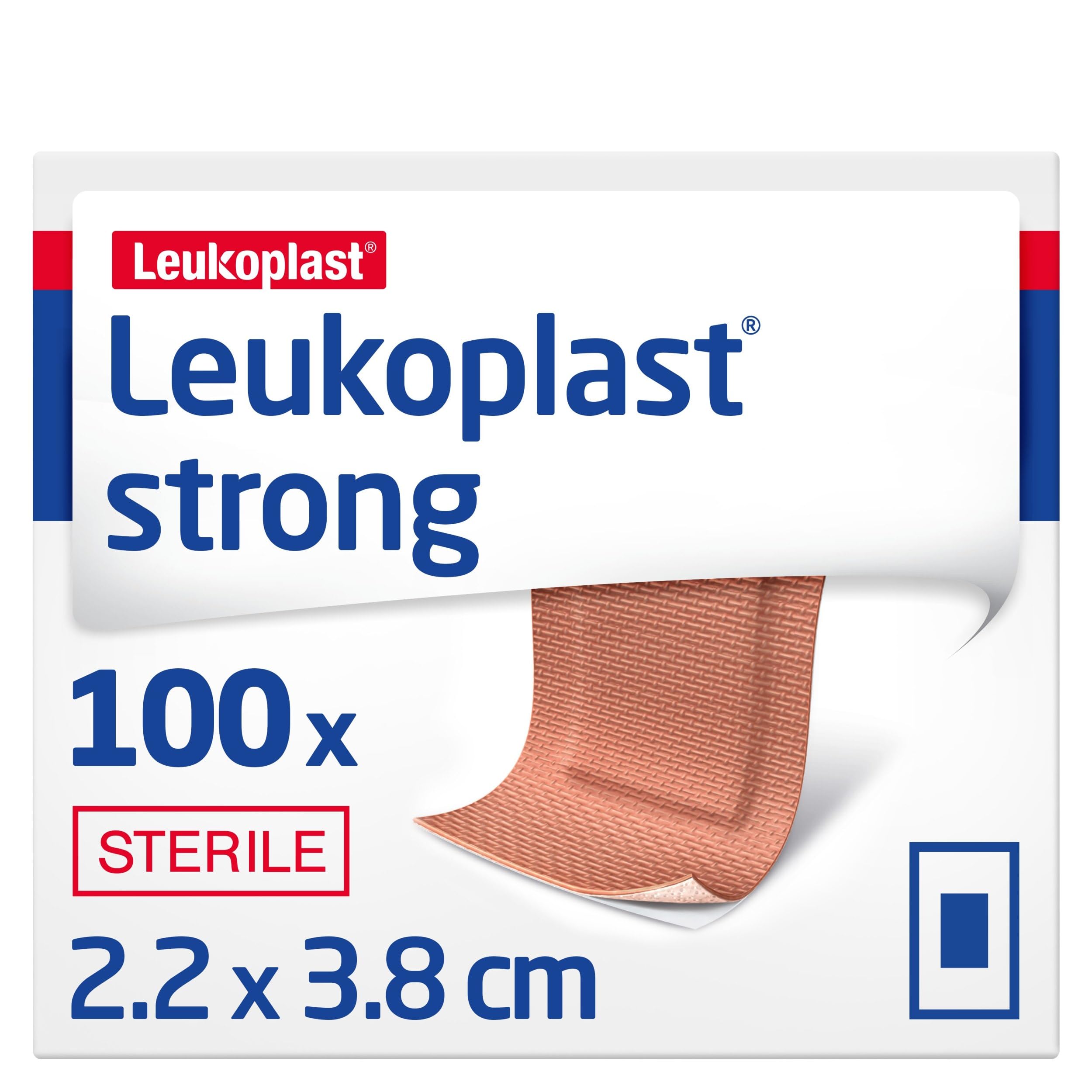 Leukoplast Strong - Sterile, Strong Adhesion, Absorbent, Breathable and Water-Repellent - Beige, 3.8 cm x 3.8 cm, Box of 100