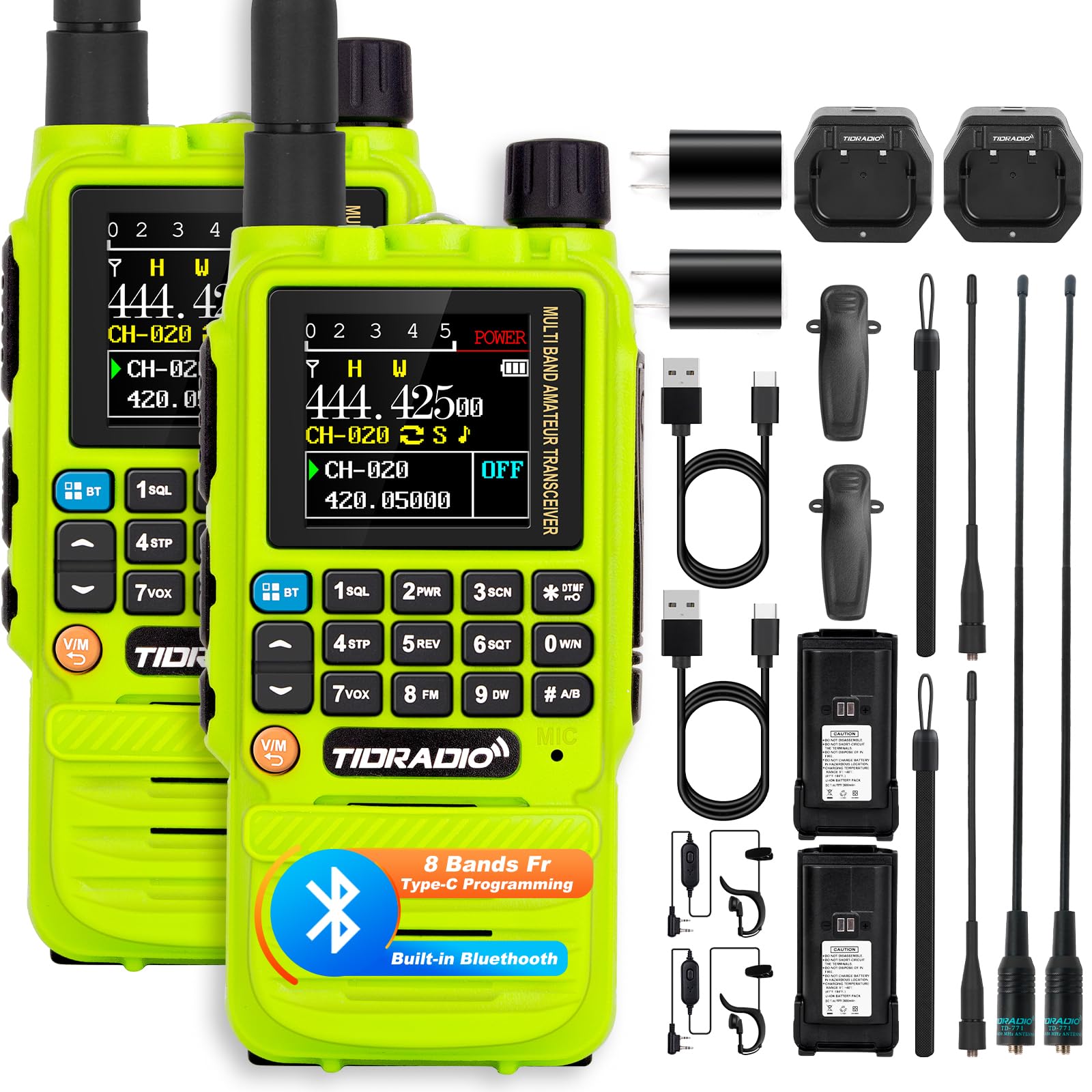 TIDRADIO TD-H3 Ham Radio Type C & Wireless Programming 8-Bands Long Range Walkie Walkies Rechargeable Handheld Portable Two Way Radios Air Band, Frequency Match, DTMF Lock, NOAA FM AM- Green 2Pack