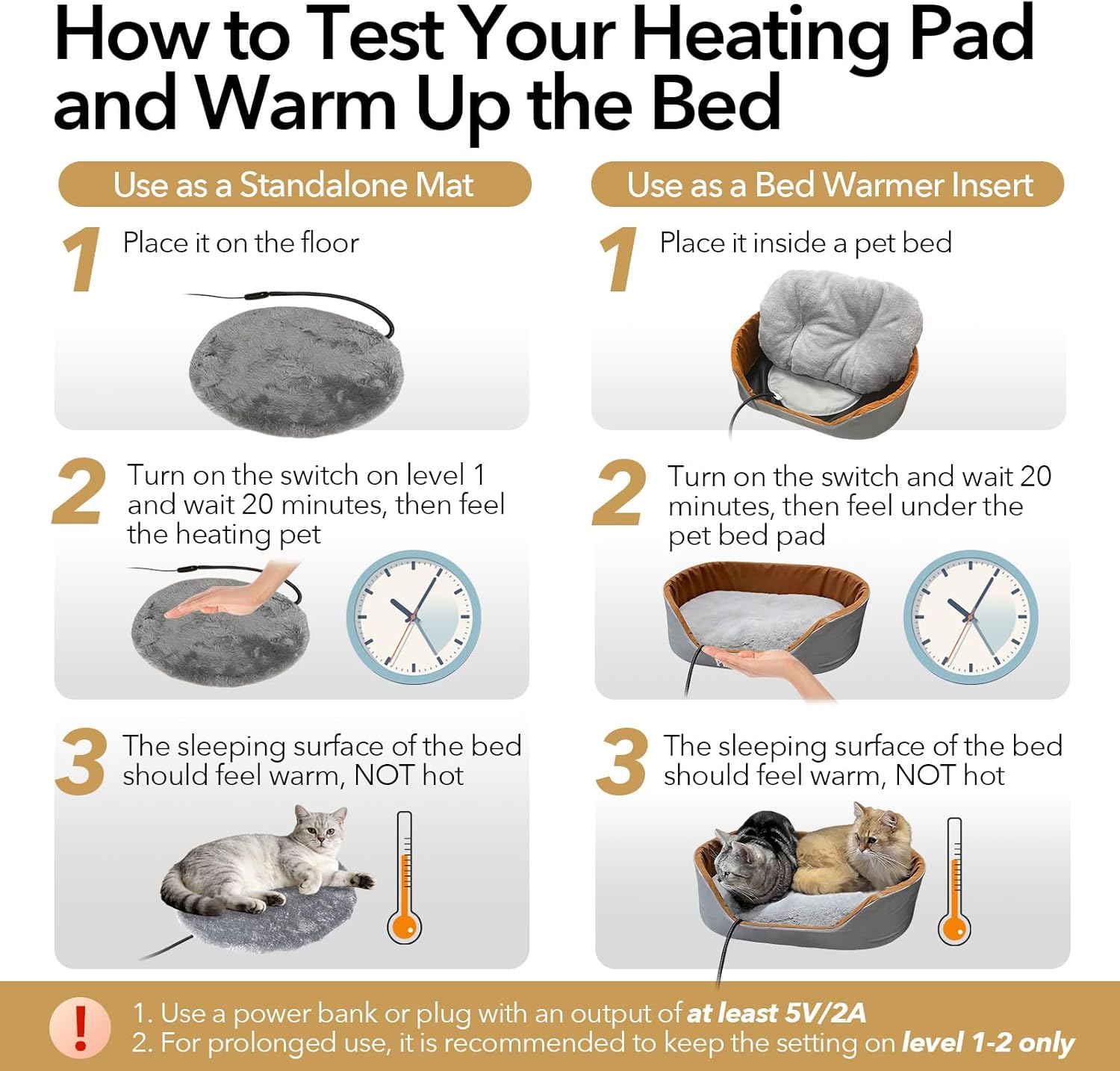 USB Heating Pad for Cats & Dogs Indoor/Travel/Outdoor - Power Bank Pouch & Washable Cover, 5V Safe Waterproof Warmer, 5-Temp & Timer, 140°F Auto Shut-Off, Battery/Wall/Car Powered (12"x16")