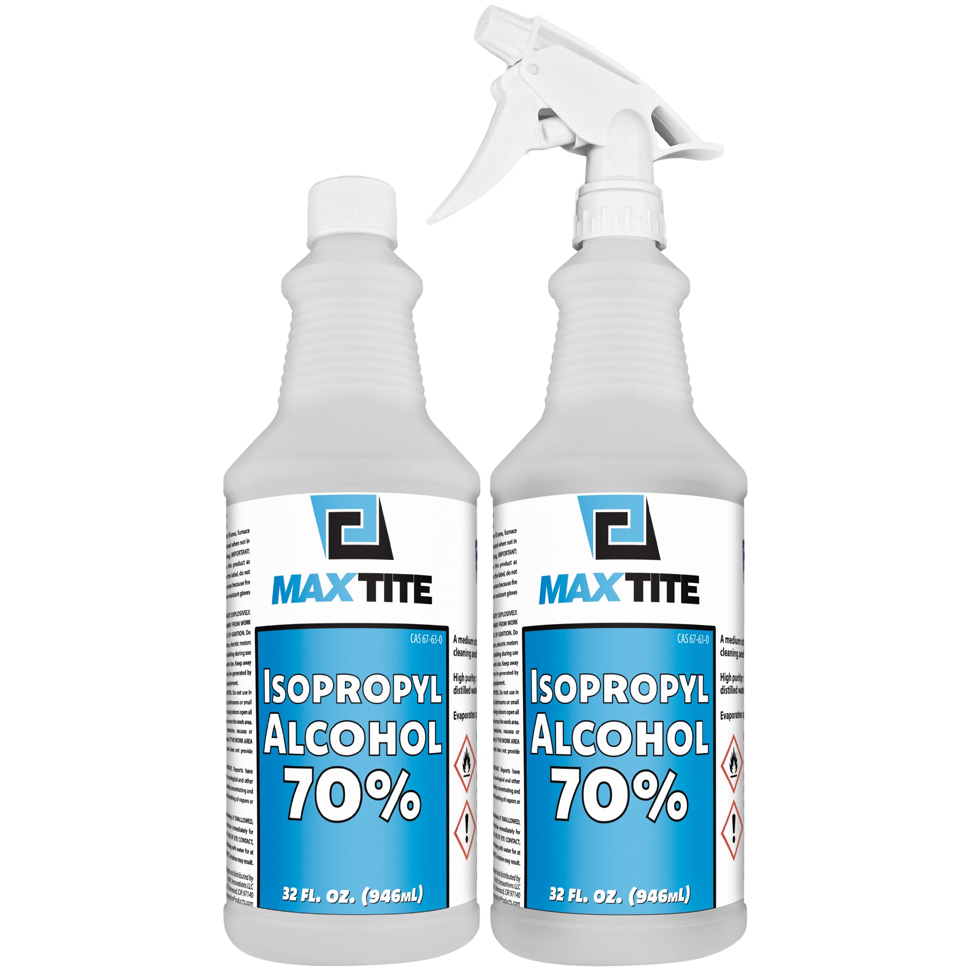 MaxTite 70% Isopropyl Alcohol (Half-Gallon (2 Pack, 32 fl oz) - Includes Heavy-Duty Spray Nozzle - Made in USA