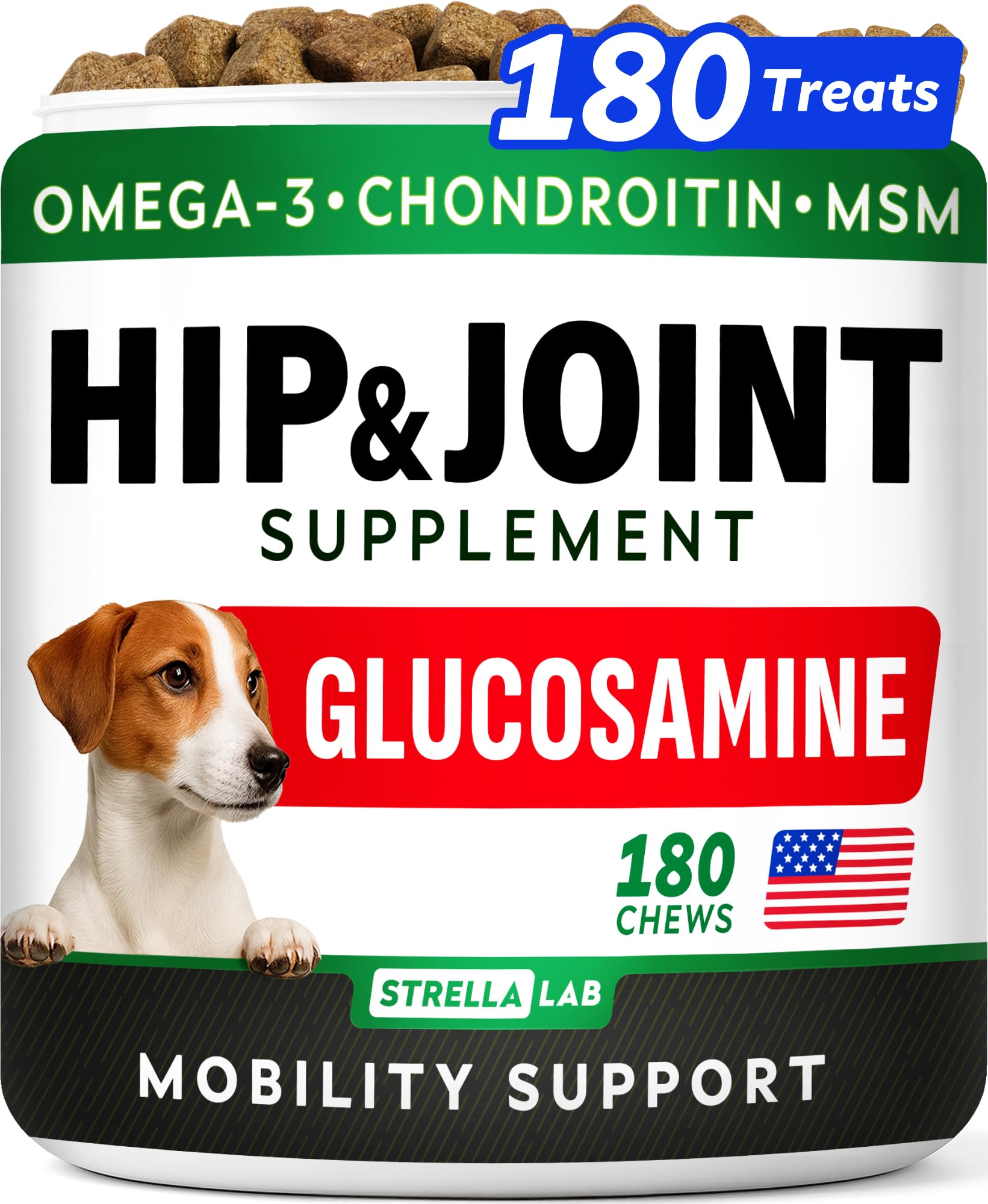 Glucosamine for Dogs w/Chondroitin - Hip & Joint Supplement for Dogs w/Omega-3 Fish Oil - Chondroitin MSM - Advanced Mobility Chews - Joint Pain Relief - Hip & Joint Care - Made in USA (180Ct)