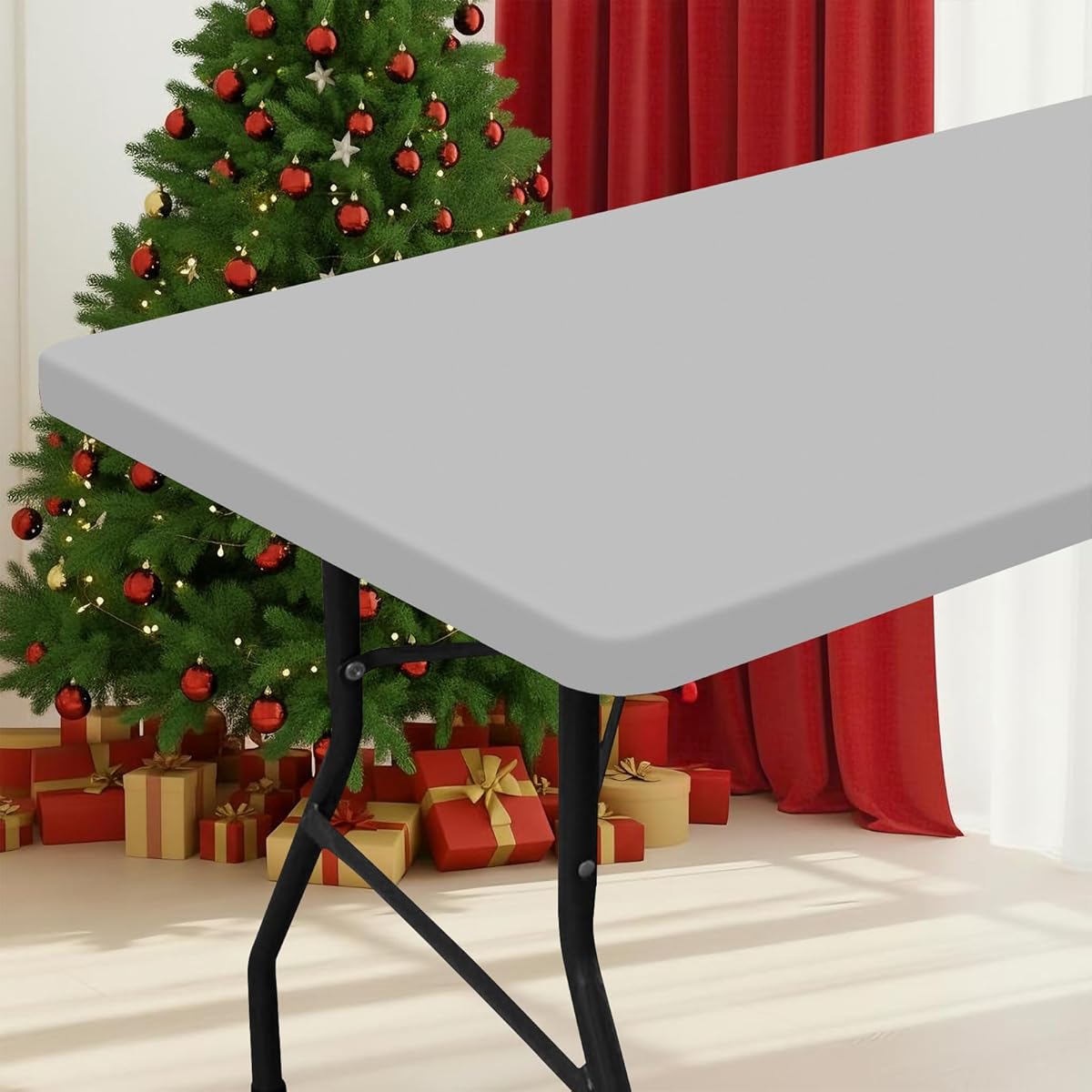 Smiry Rectangle Picnic Table Cloth, Waterproof Elastic Fitted Tablecloths for 6 Foot Tables, Washable Polyester Table Cover for Camping, Outdoor and Indoor (Light Grey, 30"x72")