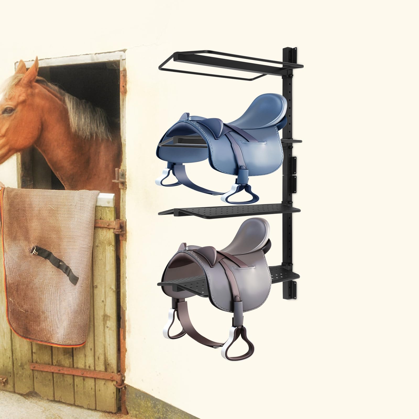 Zivisamt 4 Tier Saddle Rack Wall Mount, Saddle Stand Supports to 220Lb for Horse Tack Room Stable Barn Farm Organization