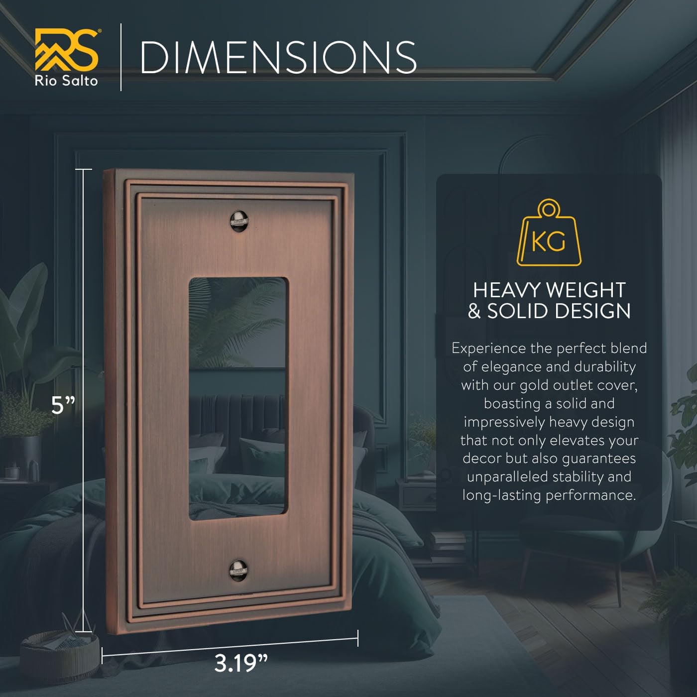 Rio Salto Copper Wall Plates – Imperial Collection Midsize Heavy Gauge Luxury Artisanal Light Switch Plate Outlet Cover 3.13" x 5.00" Decorative Brushed Copper