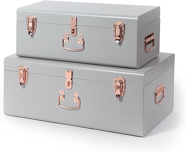 Beautify Storage Trunks, Set of 2 Grey Stainless Steel Storage Chests w/Rose Gold Detailing, Stackable Bedroom Storage Organiser w/Lockable Lids, Sturdy Multi-Purpose Bedding & Blanket