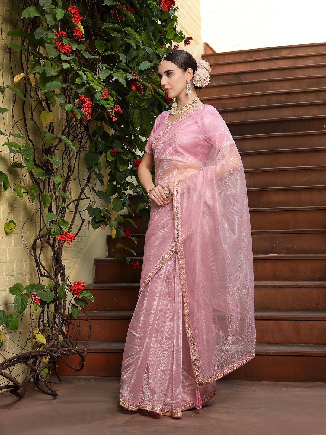 Stylum Women's Gota Patti Work Shimmer Net Saree (Srpinkbell_Pink)