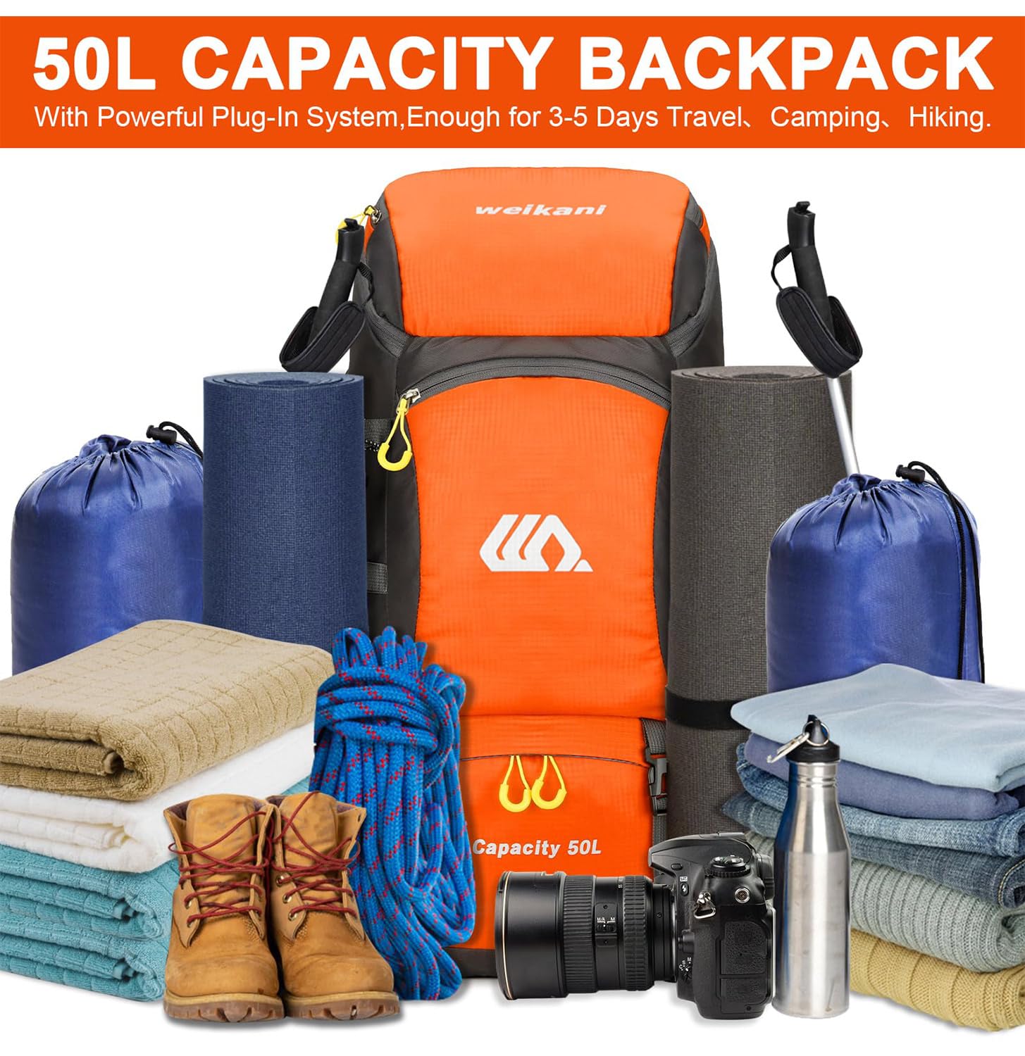 Jianyana Zaino Trekking 50L, Zaini da Escursione Impermeabile Resistenza allo Strappo Zaino da Viaggio all'aperto Zaino Campeggio Montagna con Copertura Antipioggia per Uomo Donna