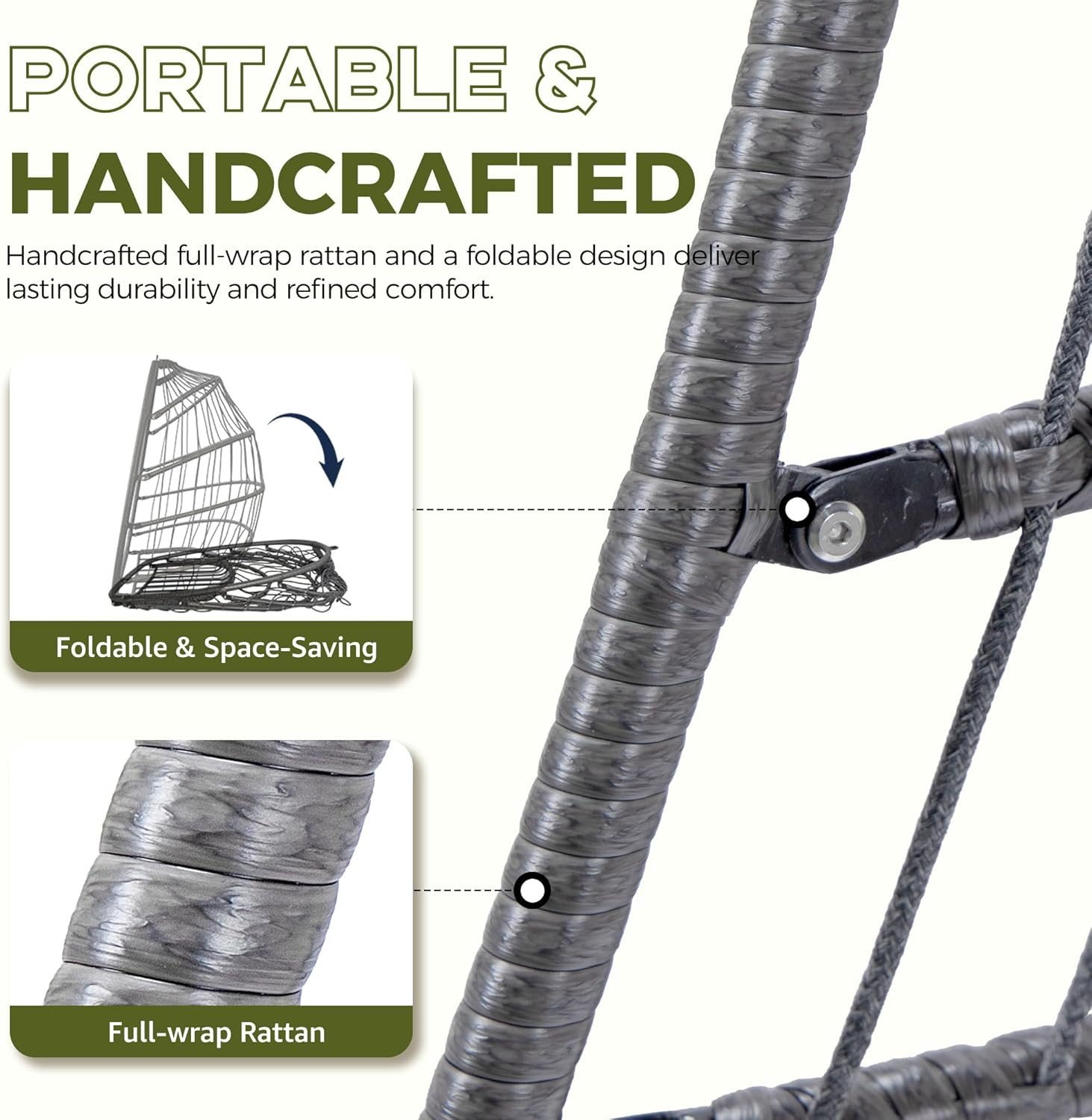 RADIATA Outdoor Egg Chair Without Stand, Foldable Durable Rattan Wicker Hanging Swing Basket, 350 Lbs Heavy-Duty Hammock Chair with Cushion for Patio Balcony Garden Ceiling or Tree Mount, Dark Gray