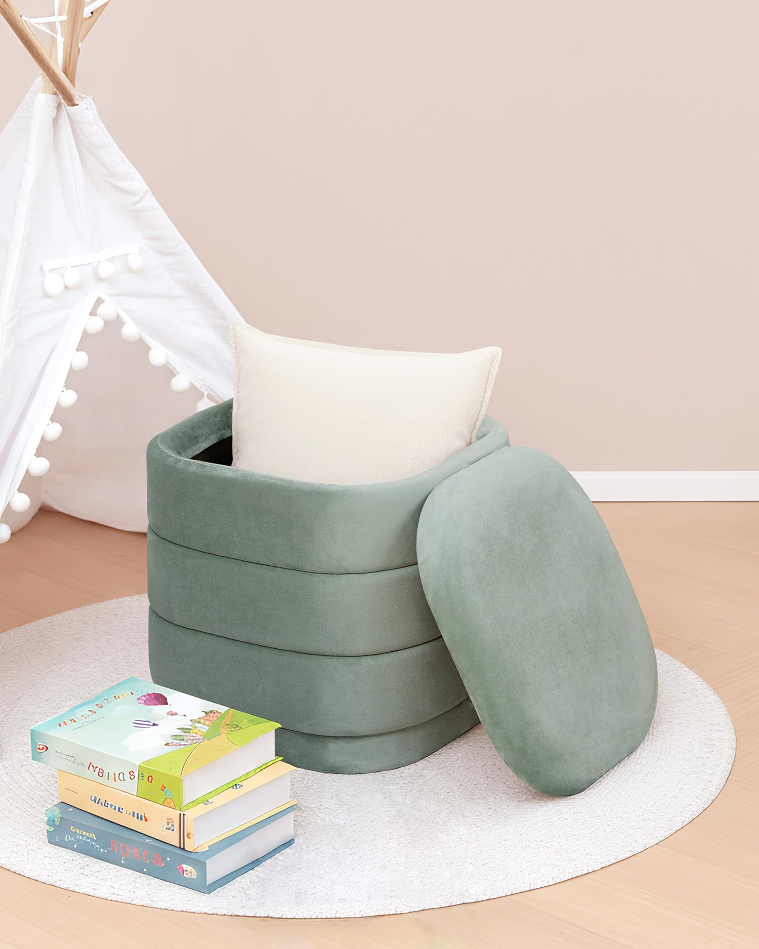 Bonlife Ottoman avec Espace de Rangement,Repose-Pieds Pliable avec Table,Repose-Pieds pour Salon, Chambre à Coucher, Couloir, Velours Couleur Sauge, 38 x 38 x 38 cm