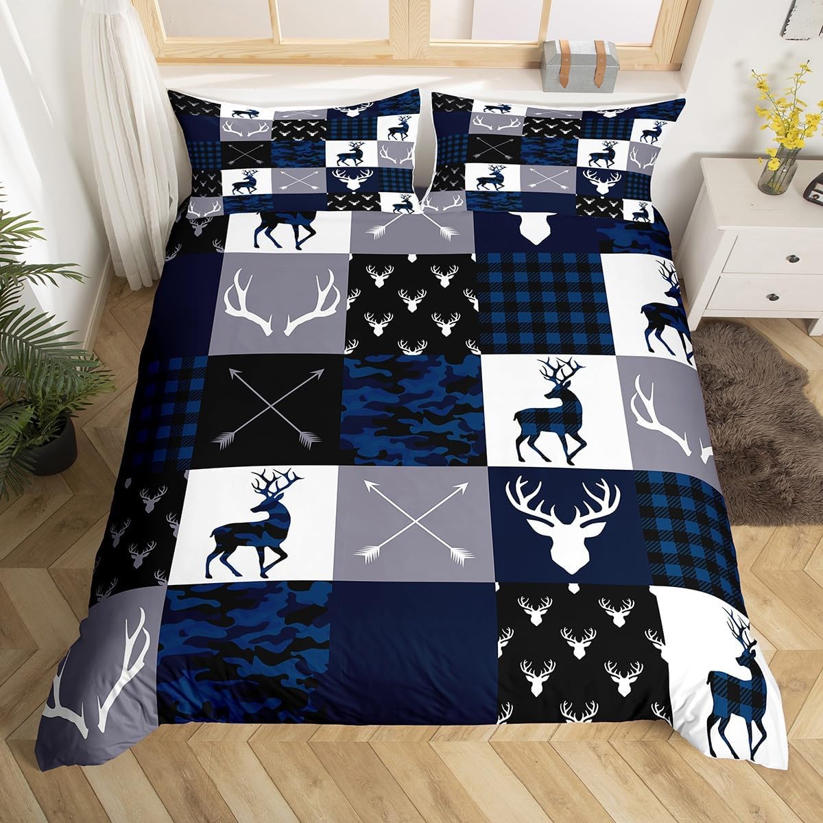 Manfei Camo Deer Antlers Duvet Cover Set Full,Geometric Plaid Patchwork Bedding 3pcs for Kids Teens Girls Boys Room Decor,Boho Arrow Xmas Comforter Cover,Blue Grey Quilt with 2 Pillowcases Camo 05