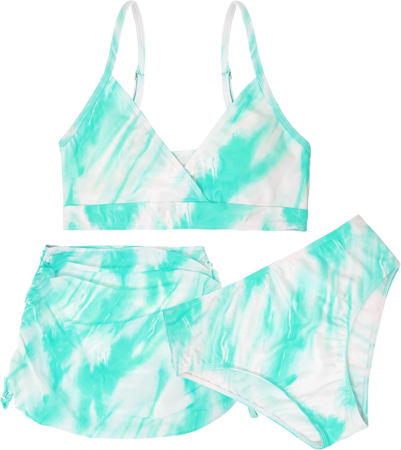 Costume Da Bagno 3 Pezzi Per Ragazza - Bikini Alto + Pantaloncini + Gonna Coperta, Stampa Tie-Dye - Foto 9
