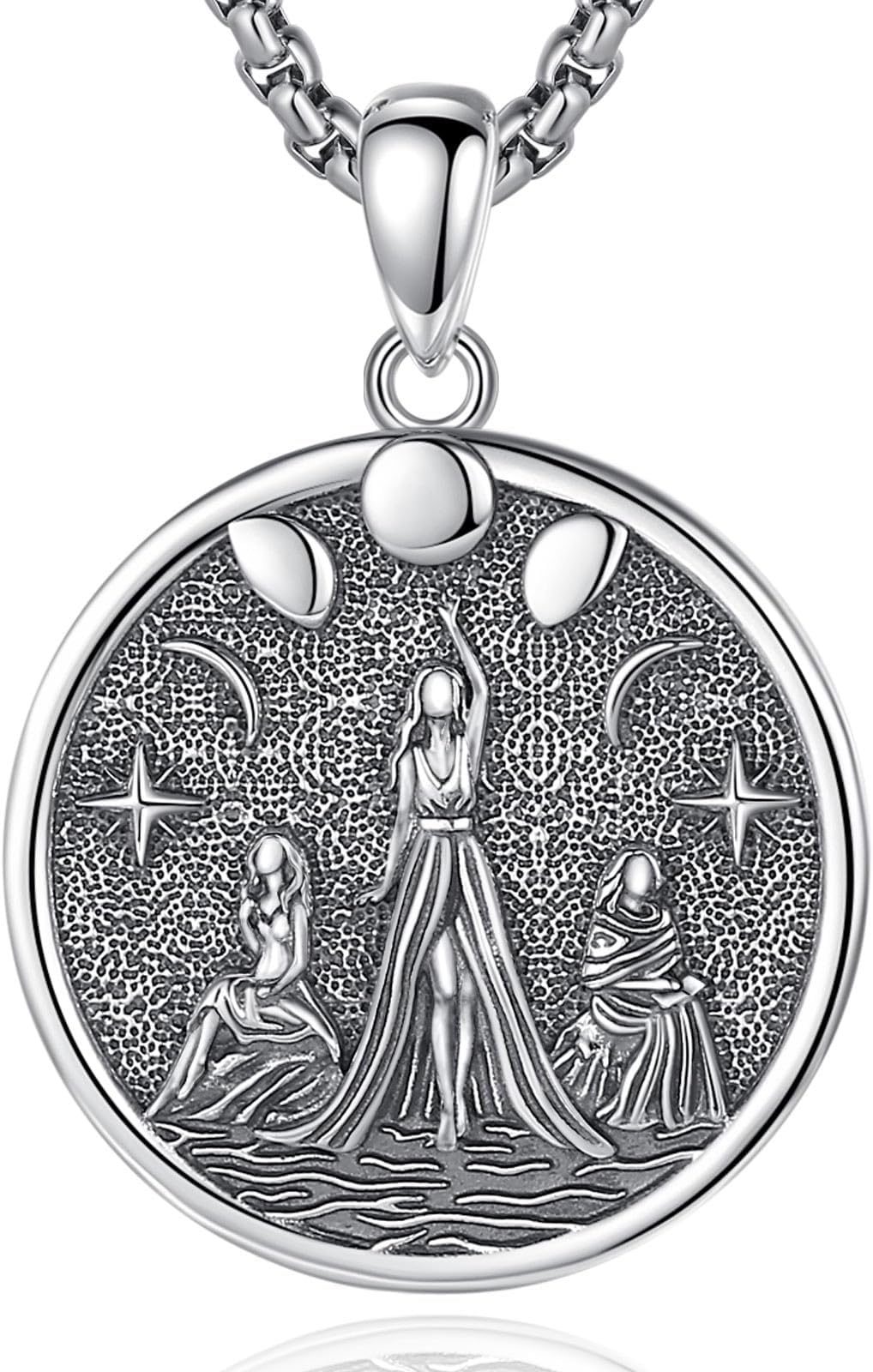 INFUSEUINFUSEU Triple Moon Goddess Necklace 925 Sterling Silver Pendant Pagan Wiccan Magic Goddess Hecate Lilith Amulet Protection Jewellery for Women Men