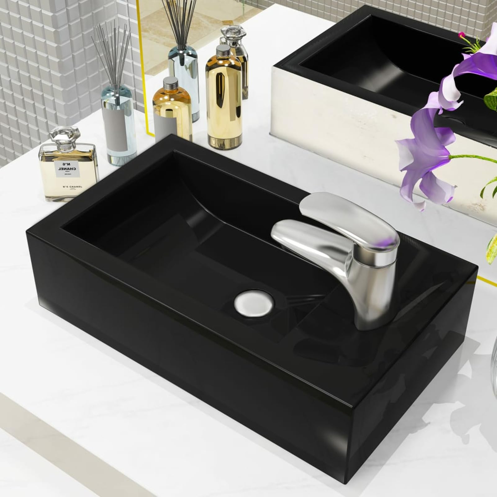 Lavabo con Agujero Grifo Rectangular cerámica 46x25,5x12 Negro, Fregadero, Lavabo Baño, Lavamanos Baño, Lavatorio Casa De Banho, Mueble Lavabo sobre Encimera