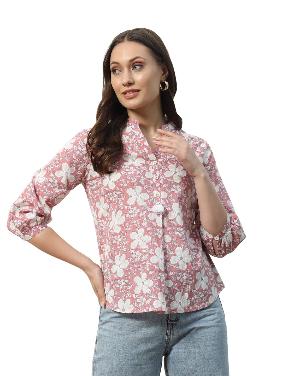 fiorra Women's Floral Cotton Regular Fit Top With Show Buttons-picture-28