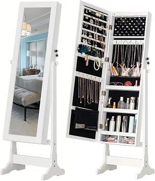 BTEXPERT Mirror Jewelry Cabinet Standing, Large Storage Jewelry Armoire, Full-Length Mirror with Jewelry Storage, LED Bulbs Lockable Standing Jewelry Organizer White