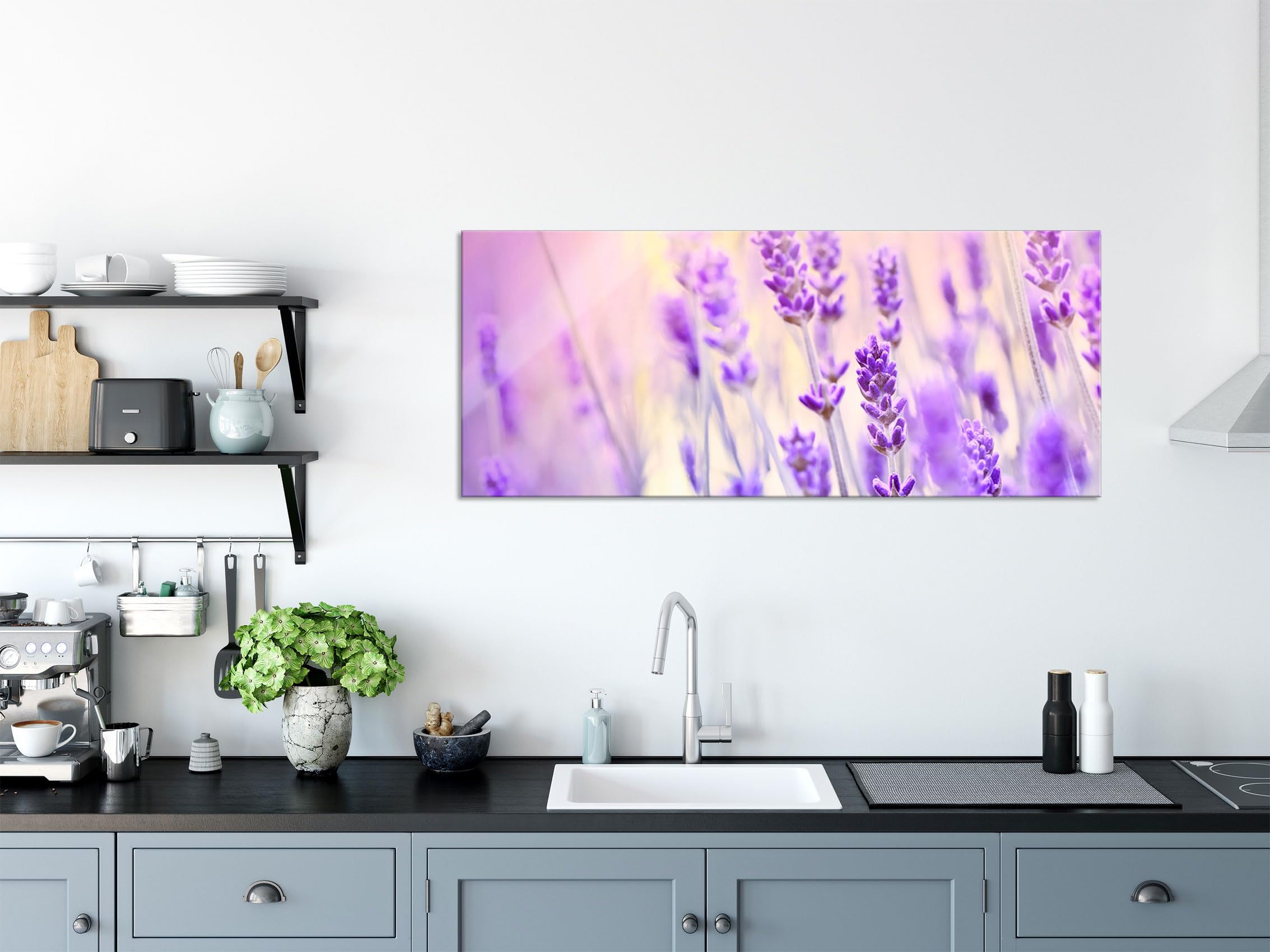 Quadro in vetro panoramico, da parete in vero vetro, bella lavanda, 100 x 40 cm, con sospensione e distanziatore